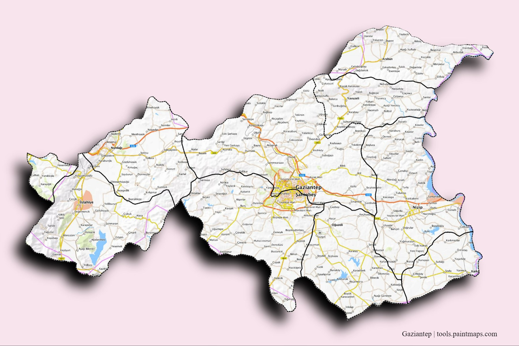 Gaziantep and counties map with 3D shadow effect