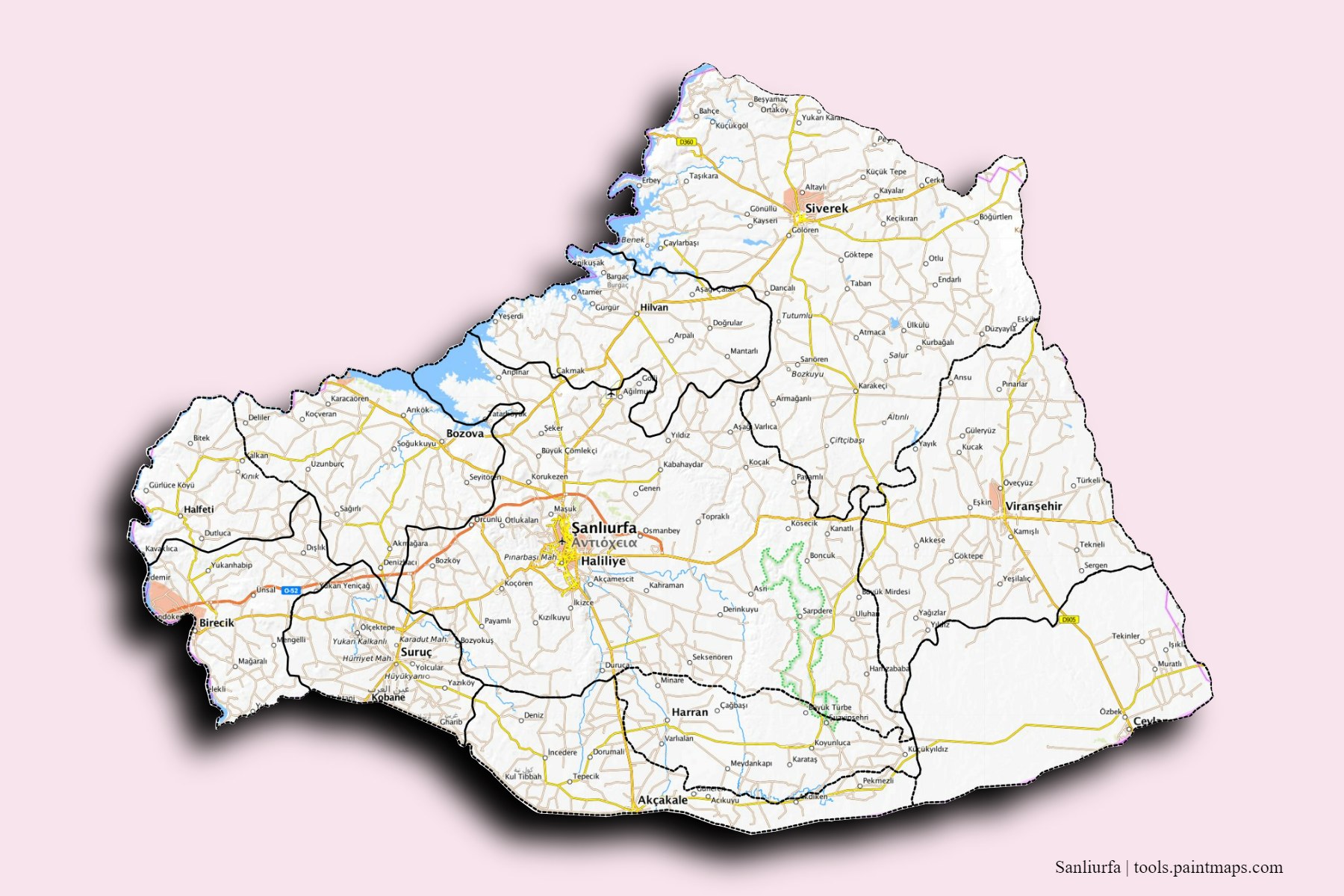 Sanliurfa and counties map with 3D shadow effect