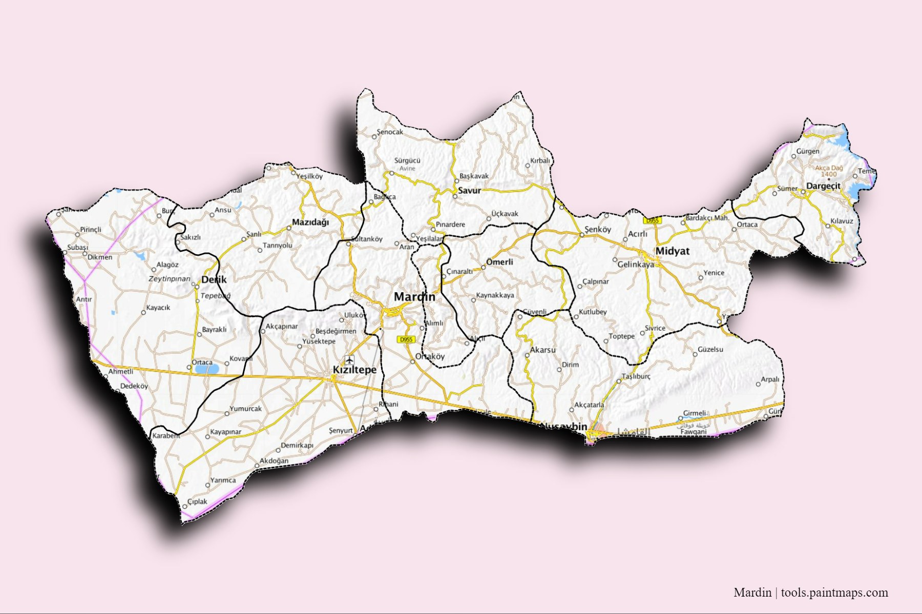 Mapa de Mardin y sus distritos con efecto de sombra 3D