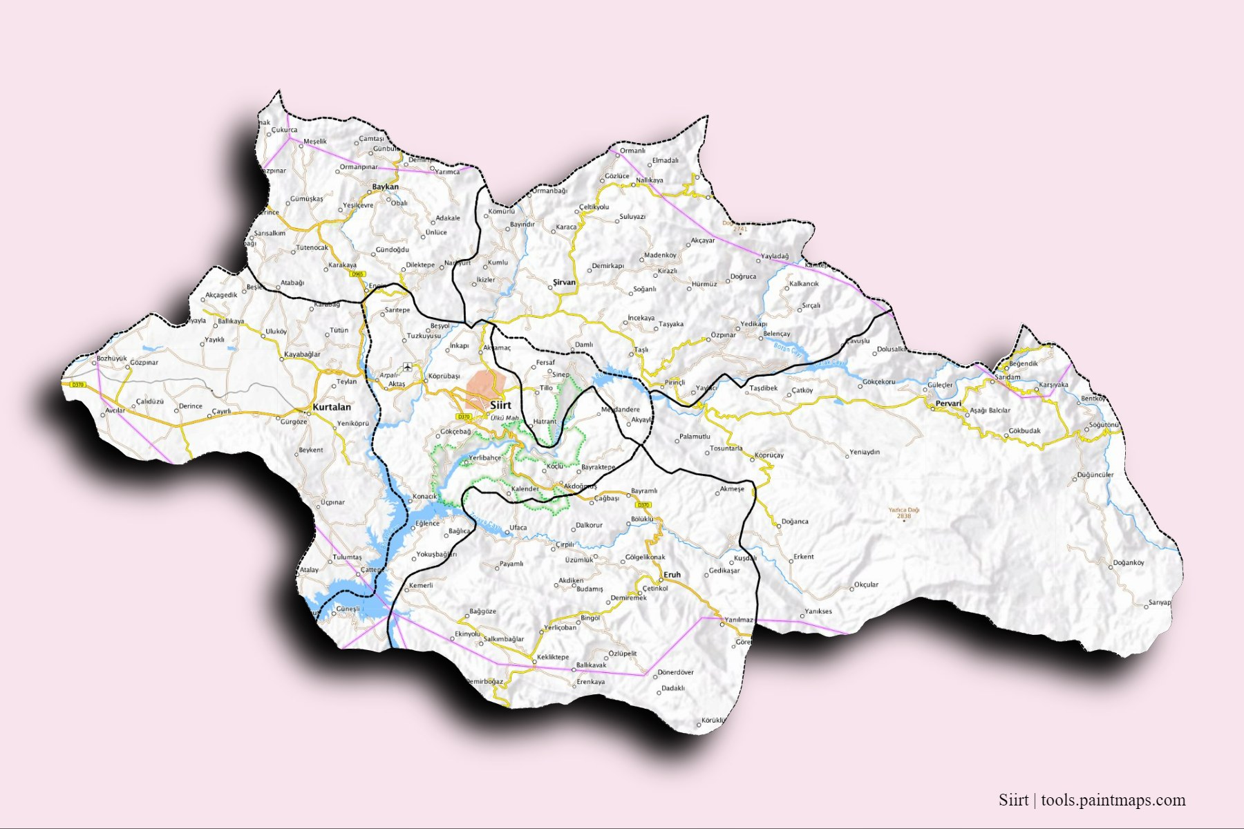 Mapa de Siirt y sus distritos con efecto de sombra 3D