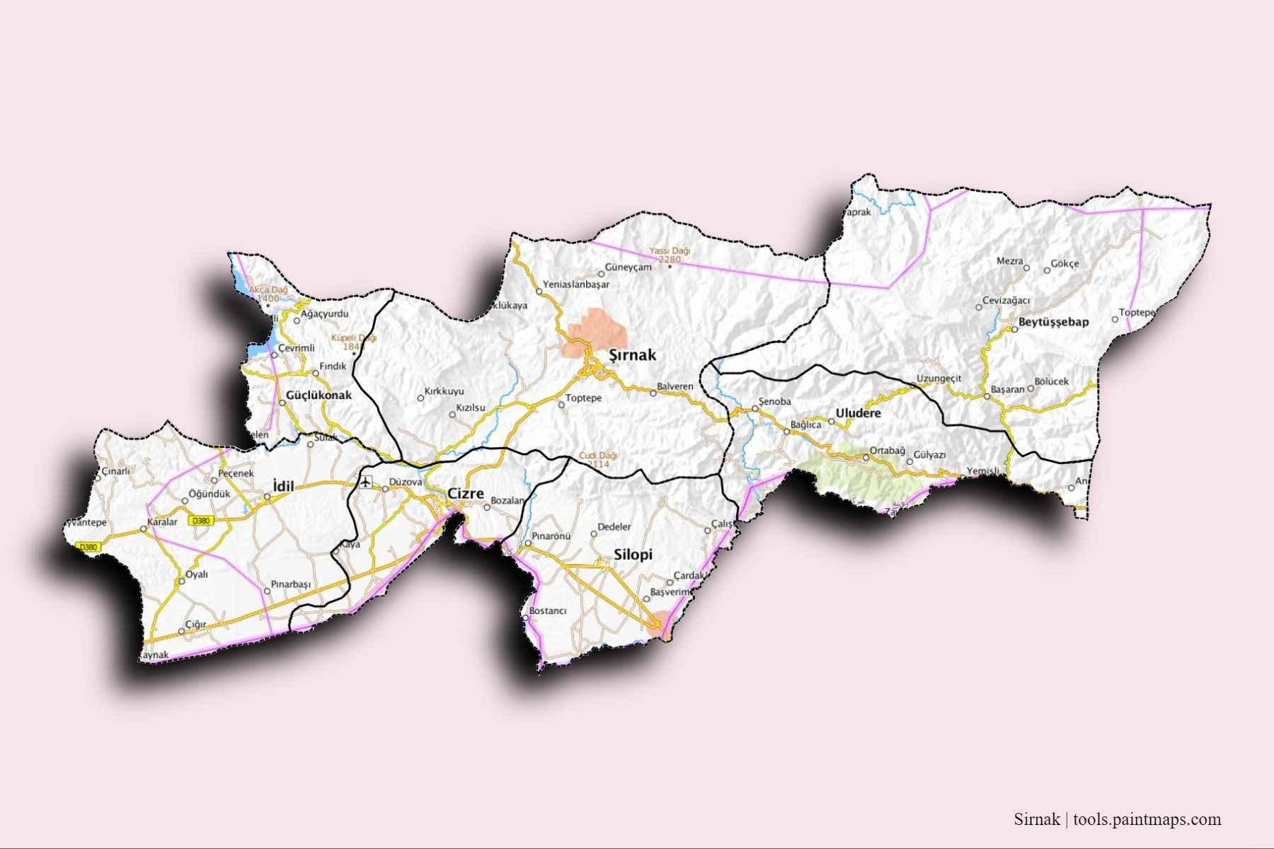 Sirnak and counties map with 3D shadow effect