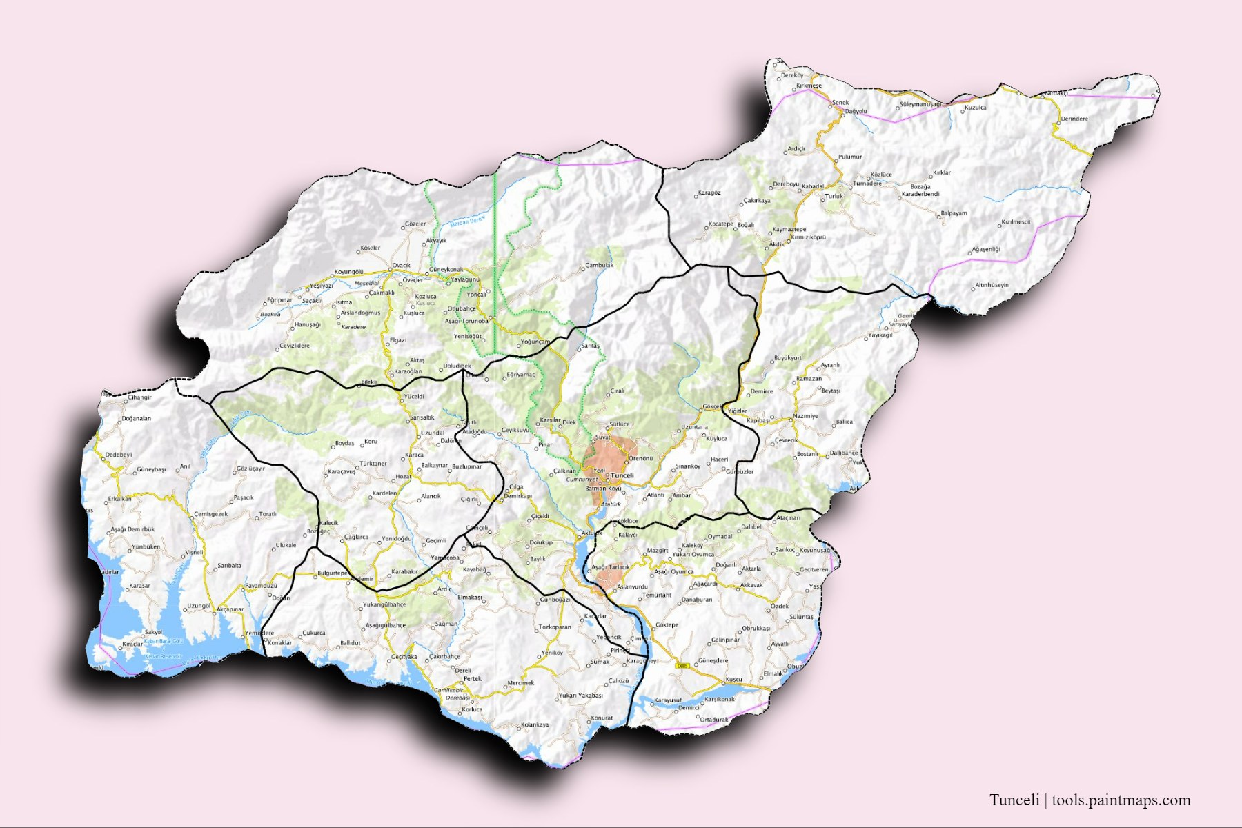 Tunceli and counties map with 3D shadow effect