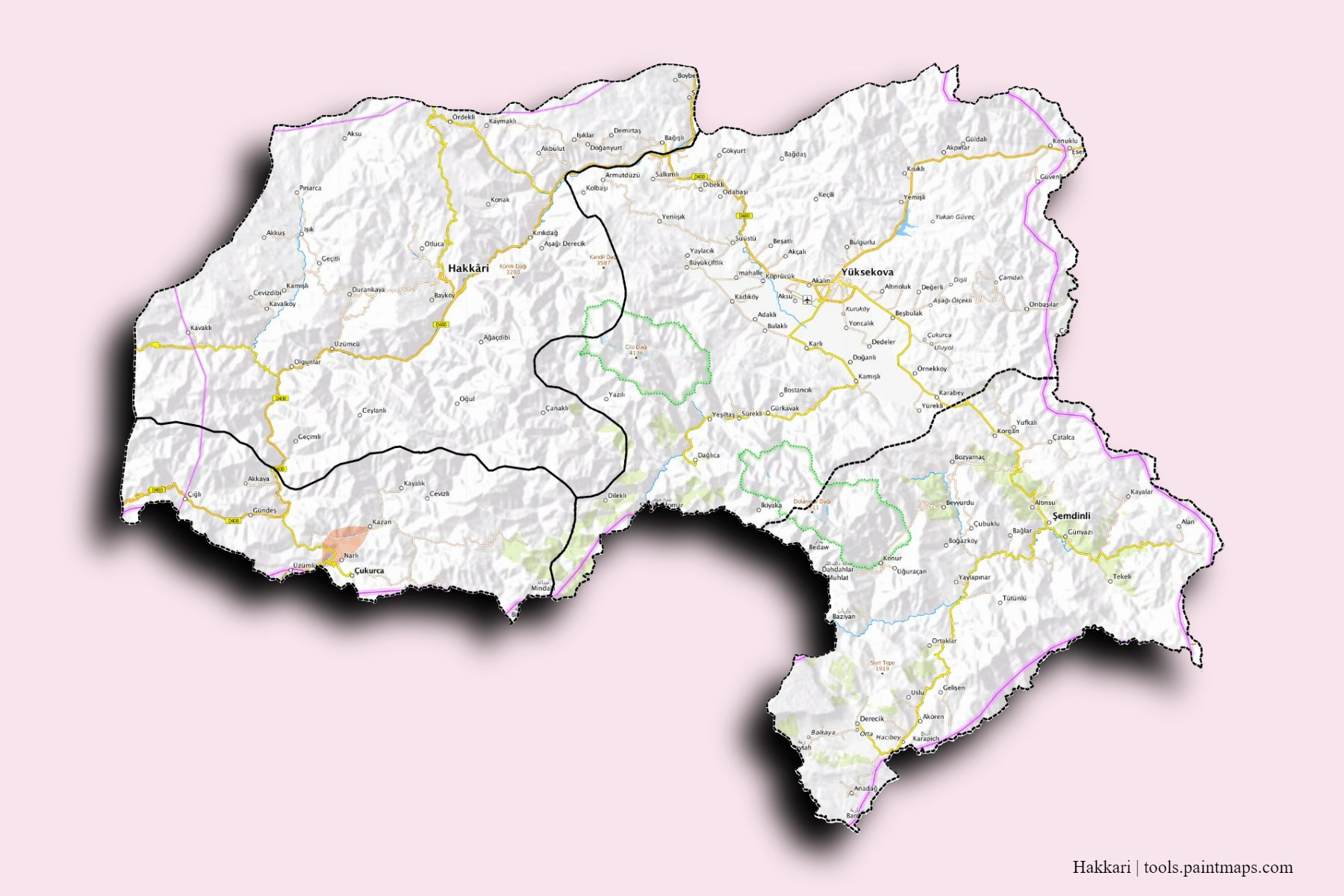 Hakkari and counties map with 3D shadow effect