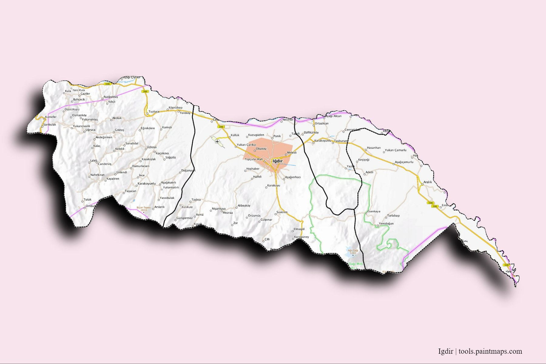 Mapa de Igdir y sus distritos con efecto de sombra 3D