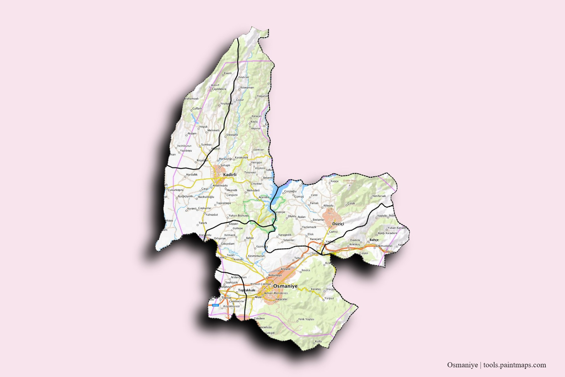 Osmaniye and counties map with 3D shadow effect