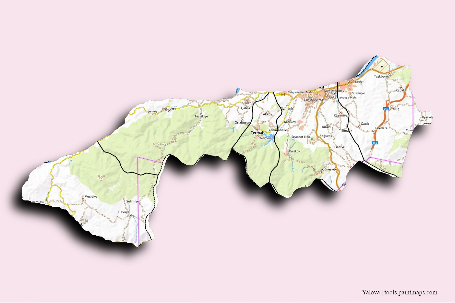 Yalova and counties map with 3D shadow effect