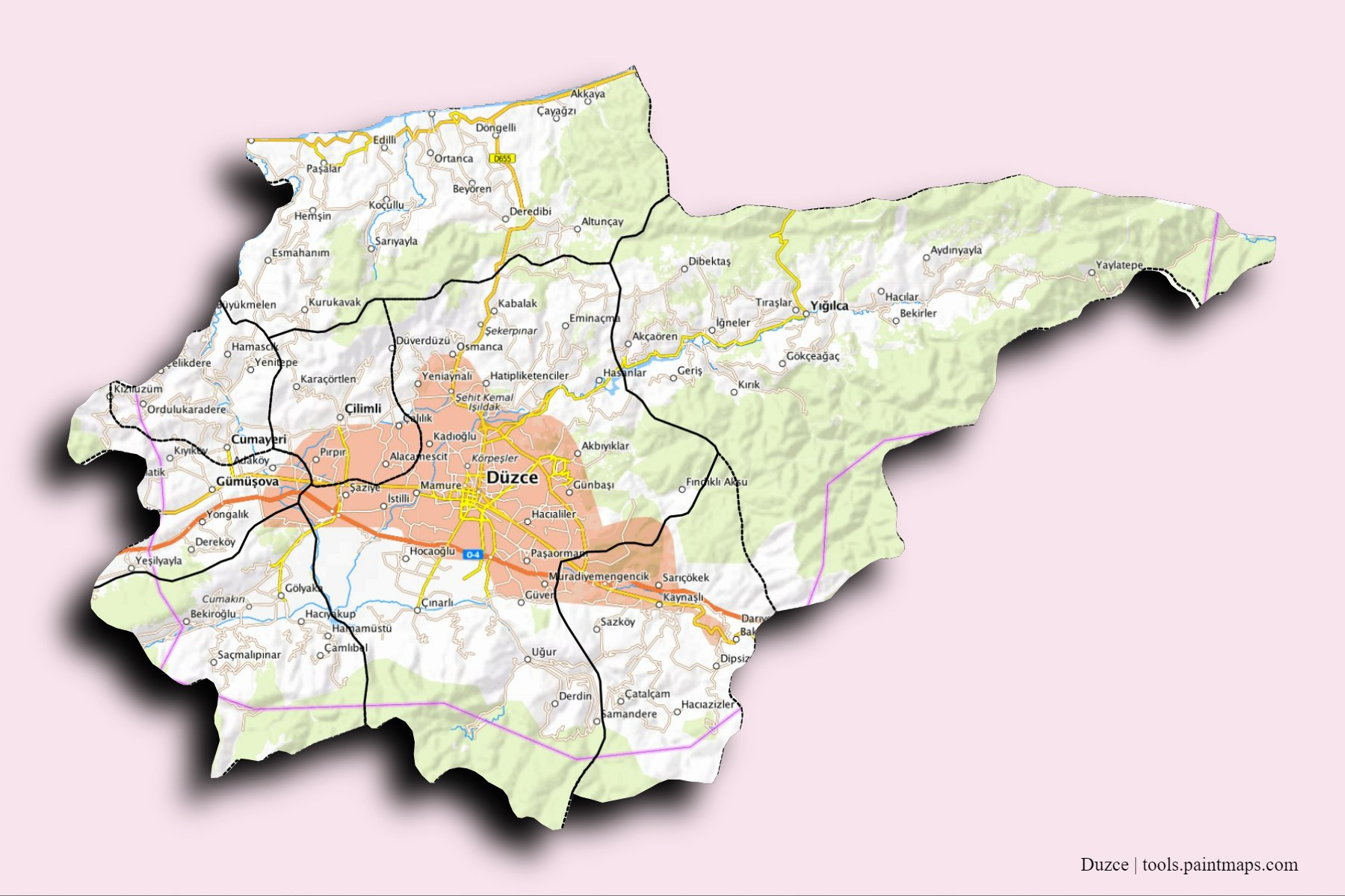 Mapa de Duzce y sus distritos con efecto de sombra 3D