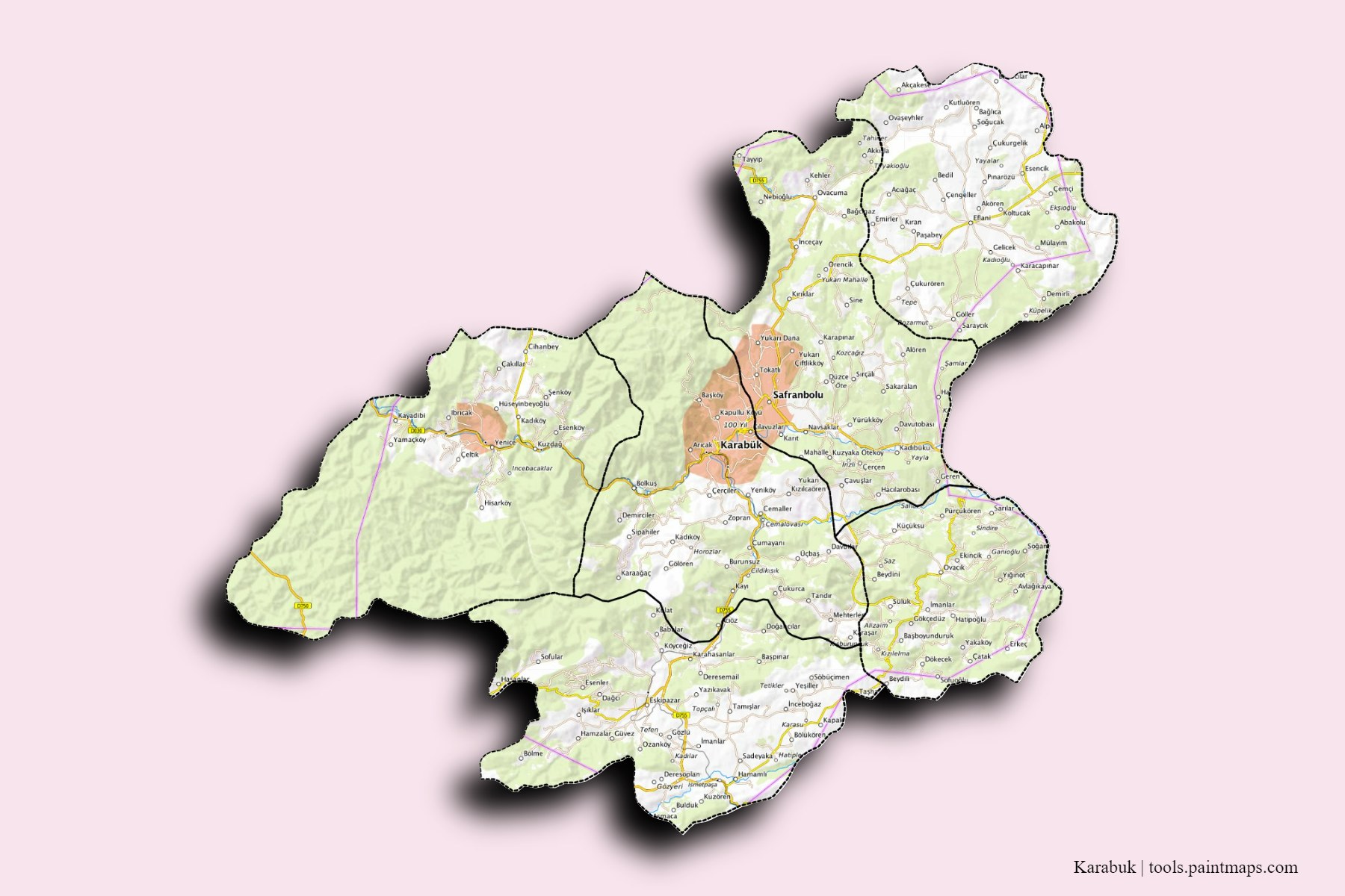Mapa de Karabuk y sus distritos con efecto de sombra 3D