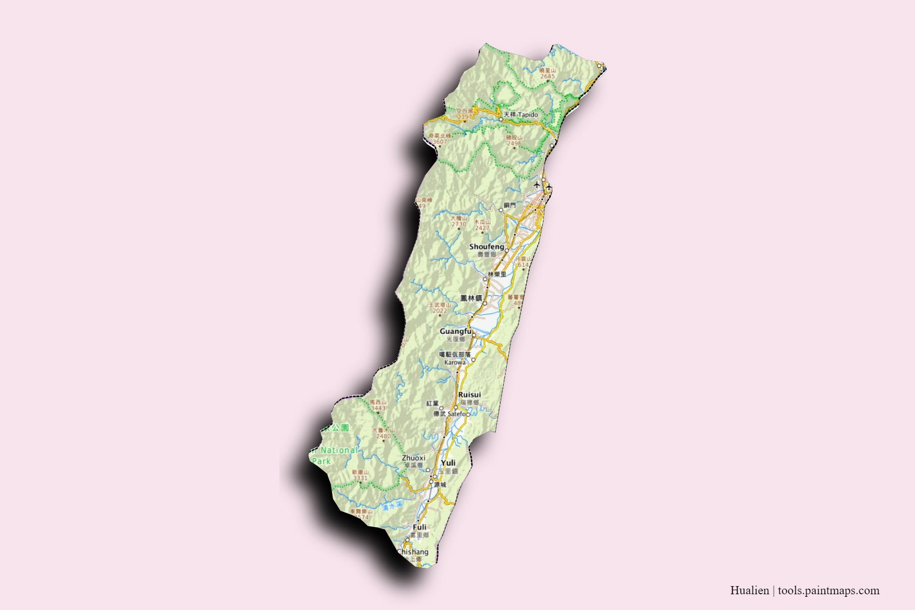 Hualien and counties map with 3D shadow effect