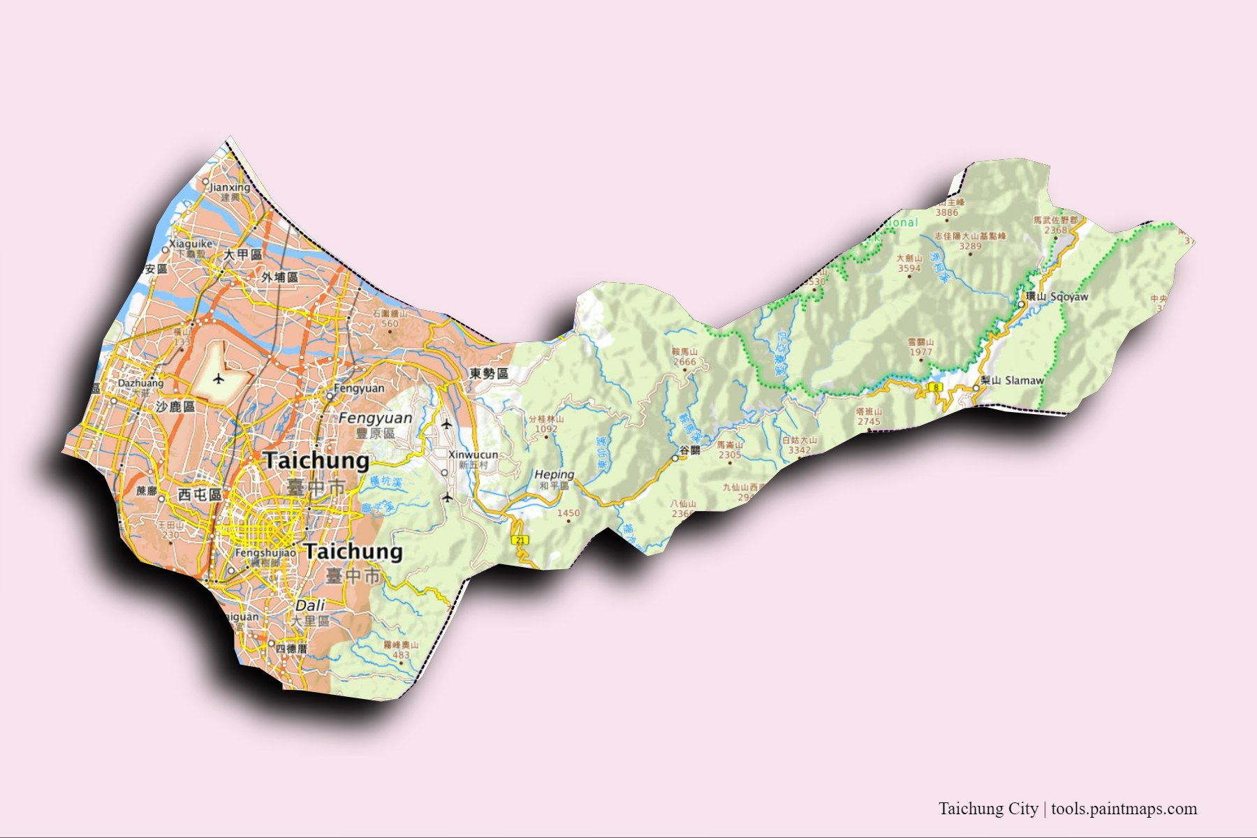 Taichung City and counties map with 3D shadow effect