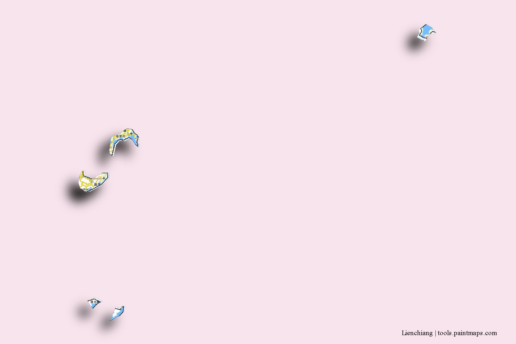 Mapa de Lienchiang y sus distritos con efecto de sombra 3D