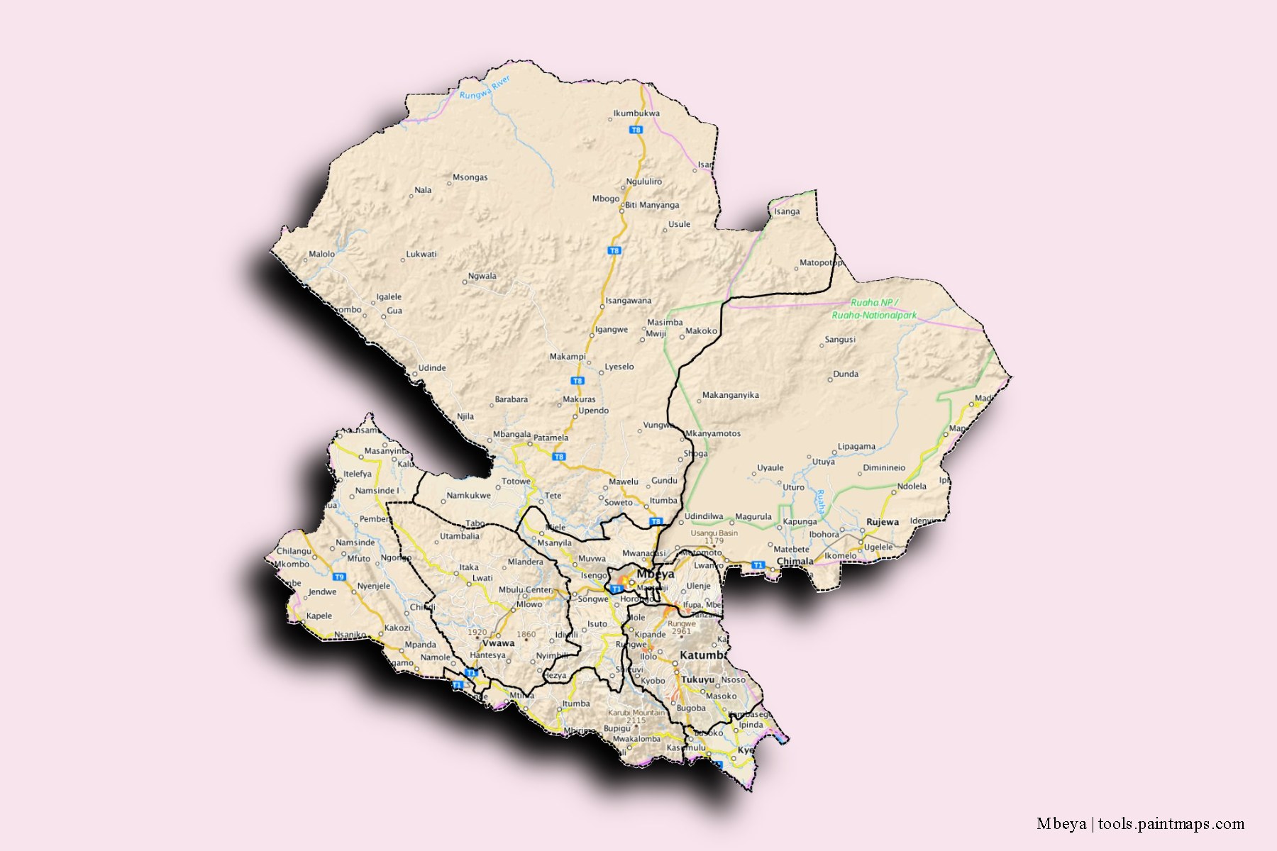 Mapa de Mbeya y sus distritos con efecto de sombra 3D