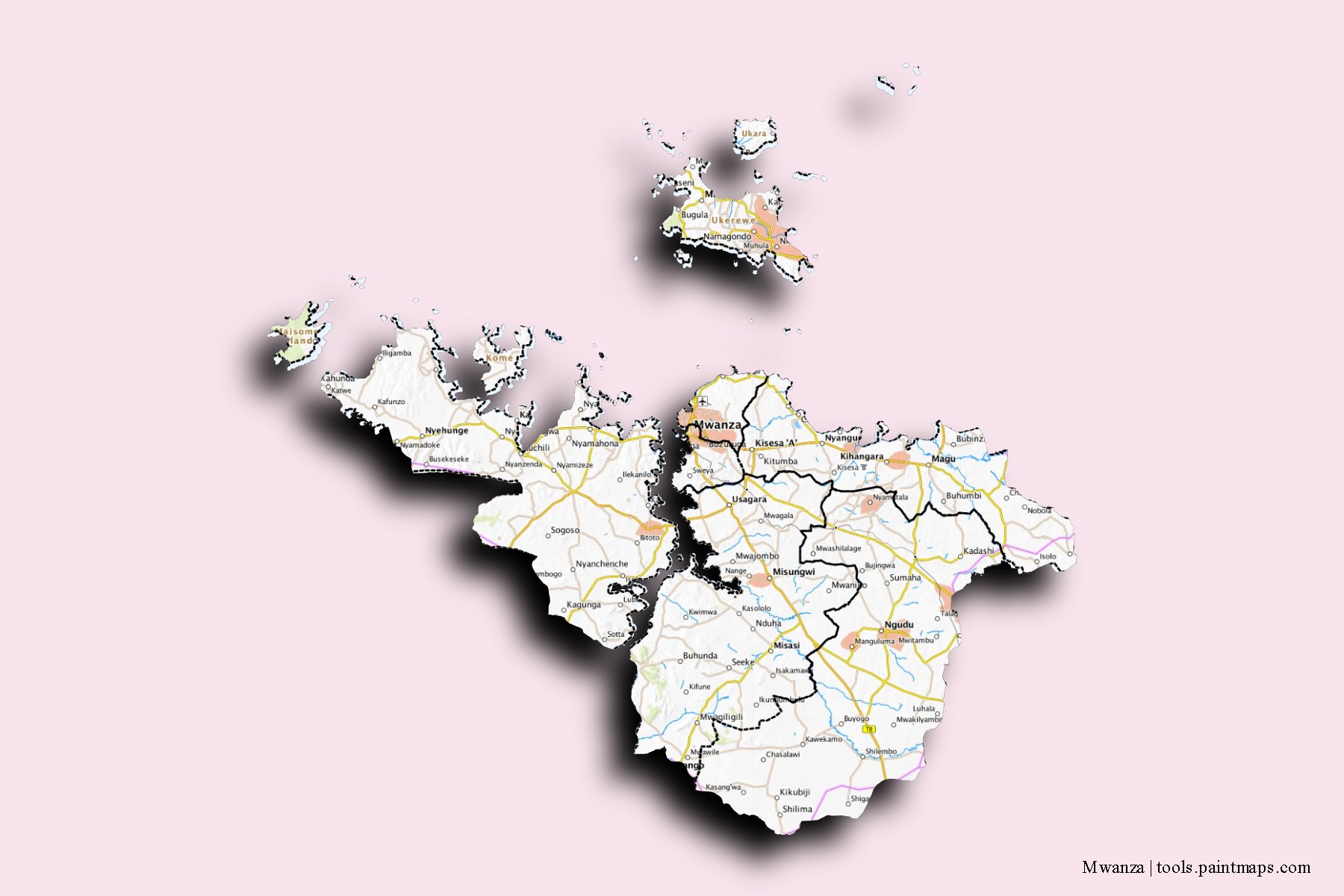 3D gölge efektli Mwanza Bölgesi ve ilçeleri haritası