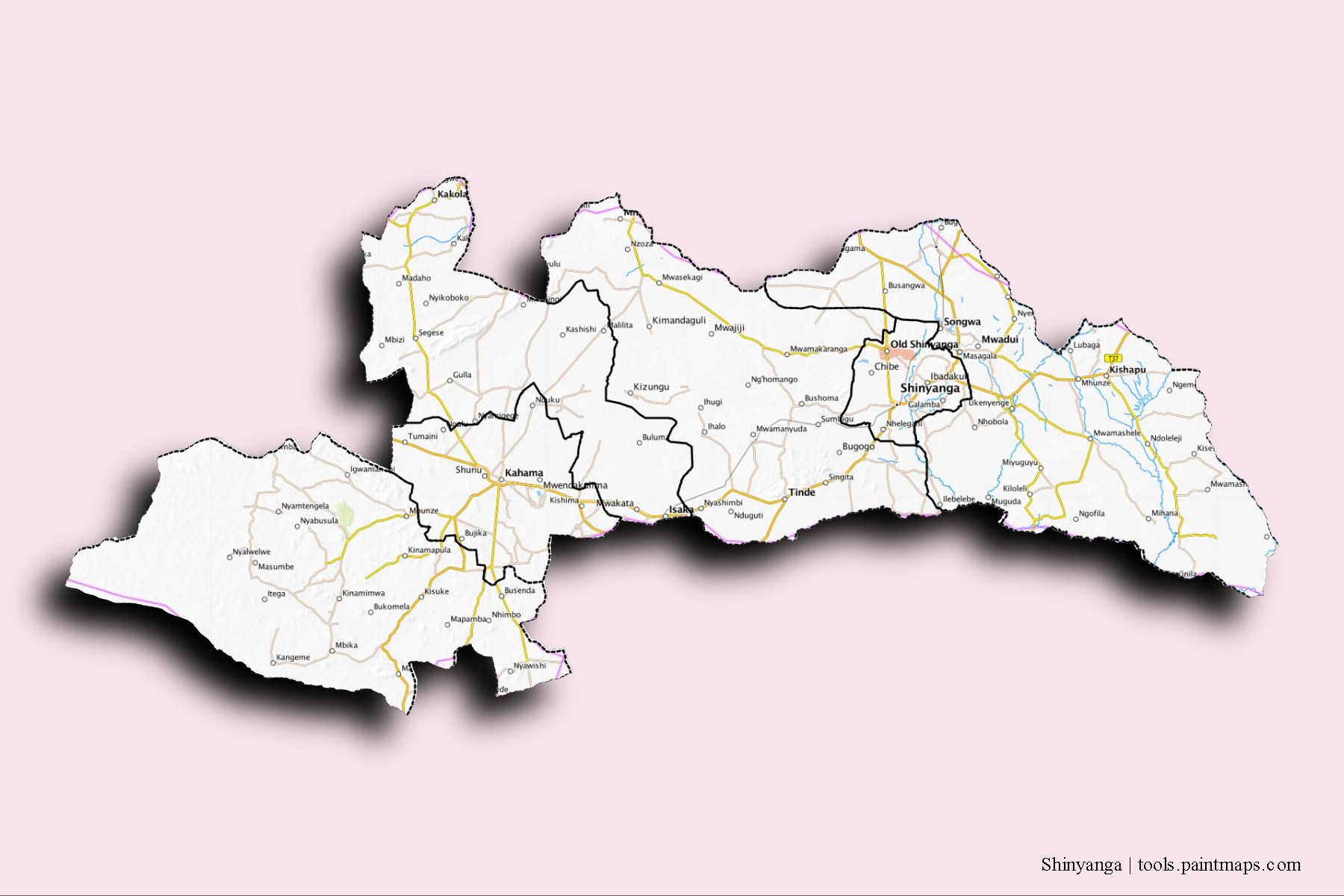 Shinyanga and counties map with 3D shadow effect