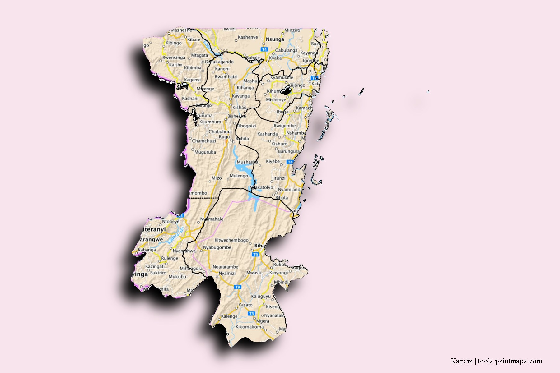 Mapa de Kagera y sus distritos con efecto de sombra 3D