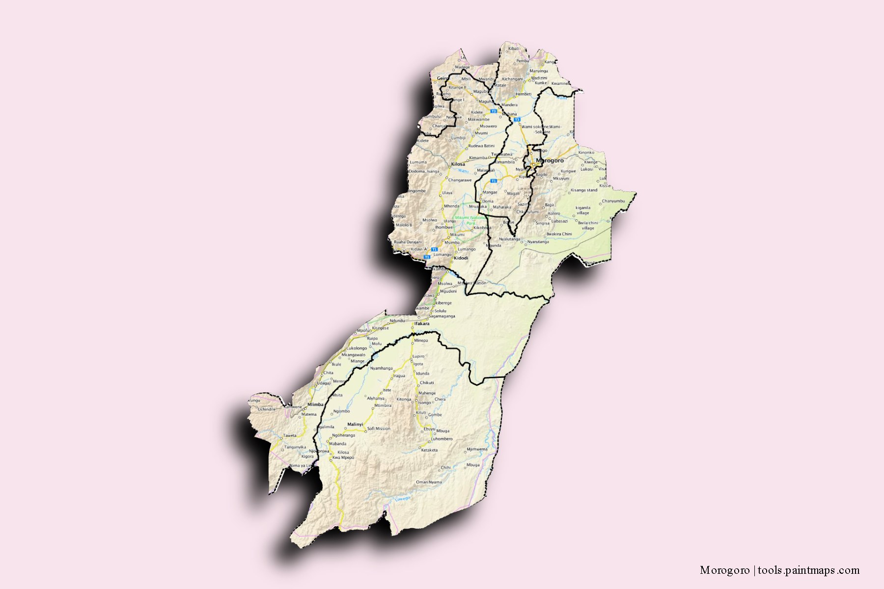 Mapa de Morogoro y sus distritos con efecto de sombra 3D