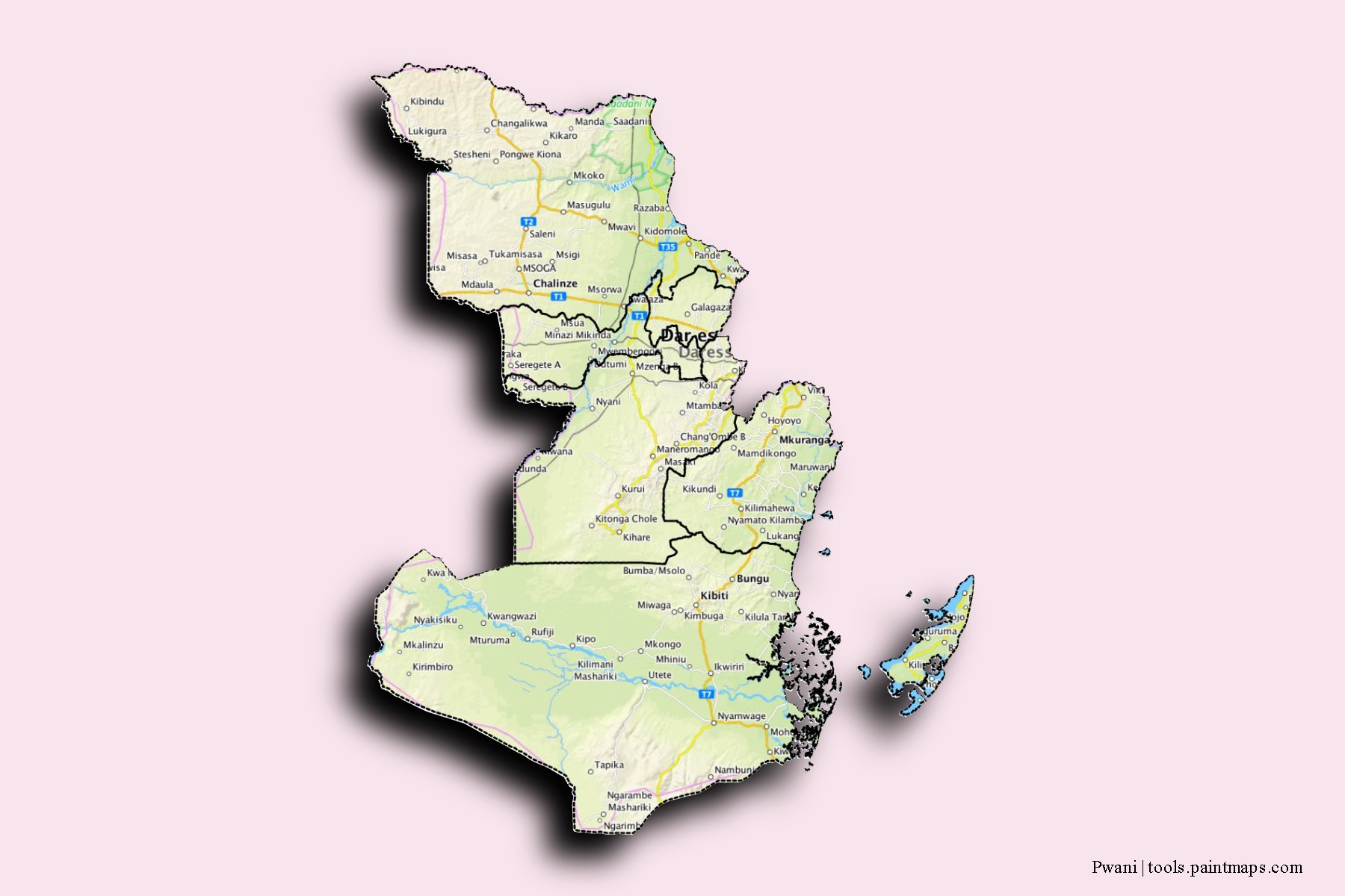 Mapa de Pwani y sus distritos con efecto de sombra 3D