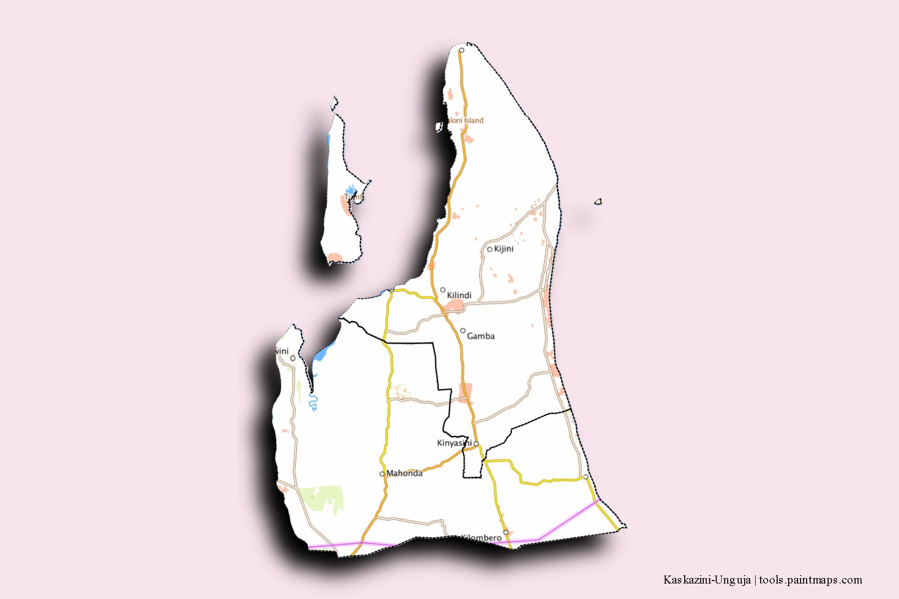 Mapa de Kaskazini-Unguja y sus distritos con efecto de sombra 3D