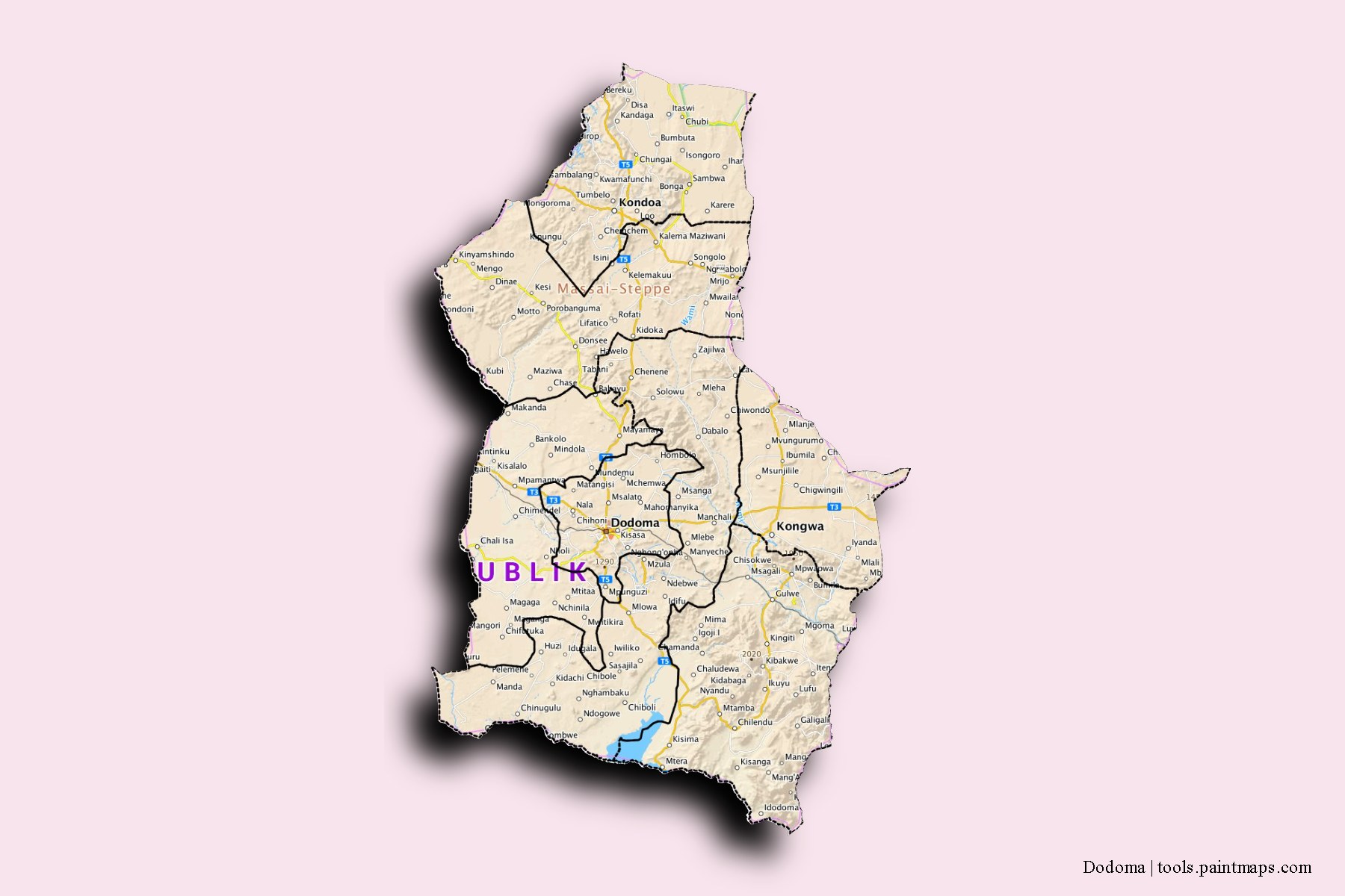 Dodoma and counties map with 3D shadow effect