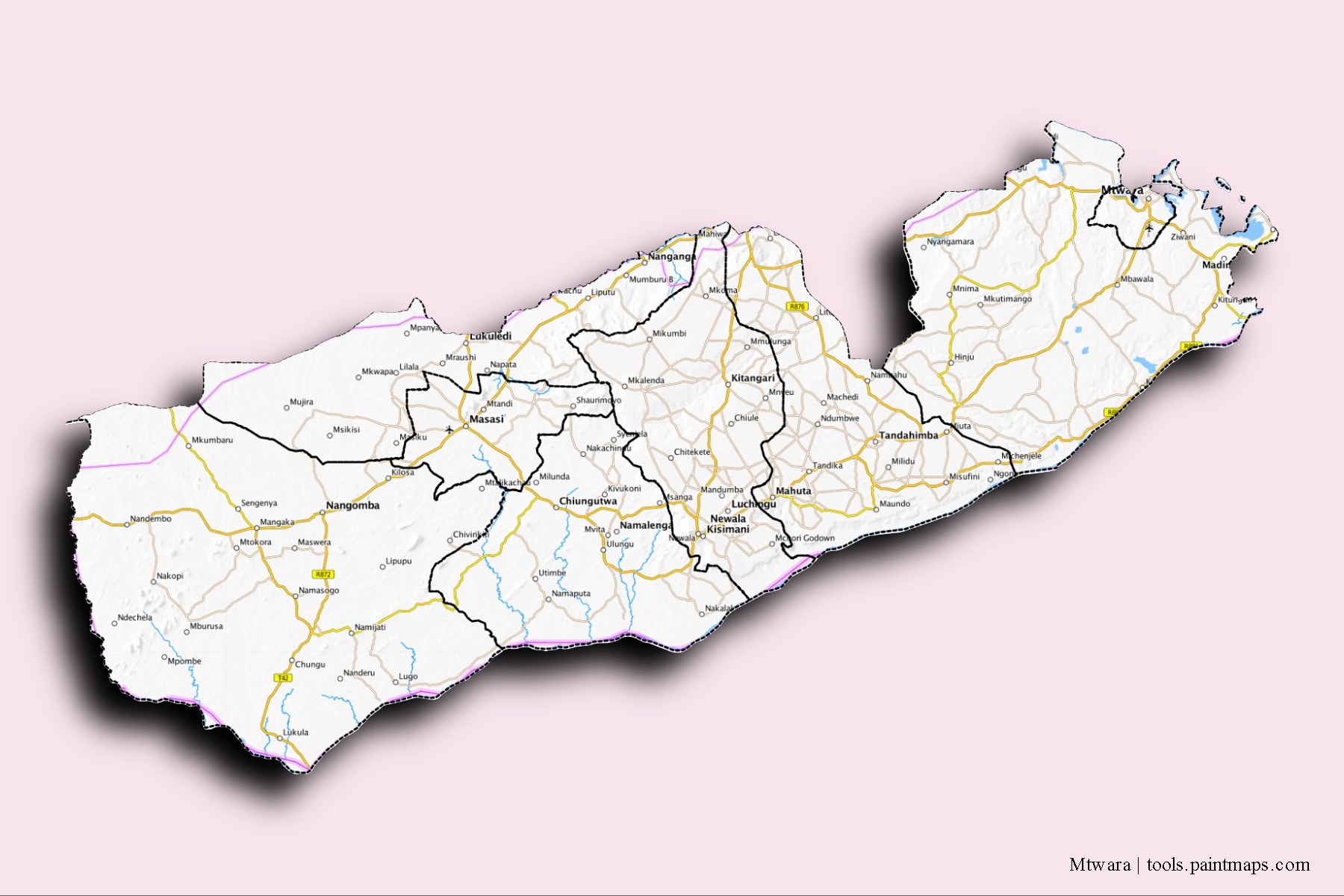 Mtwara and counties map with 3D shadow effect