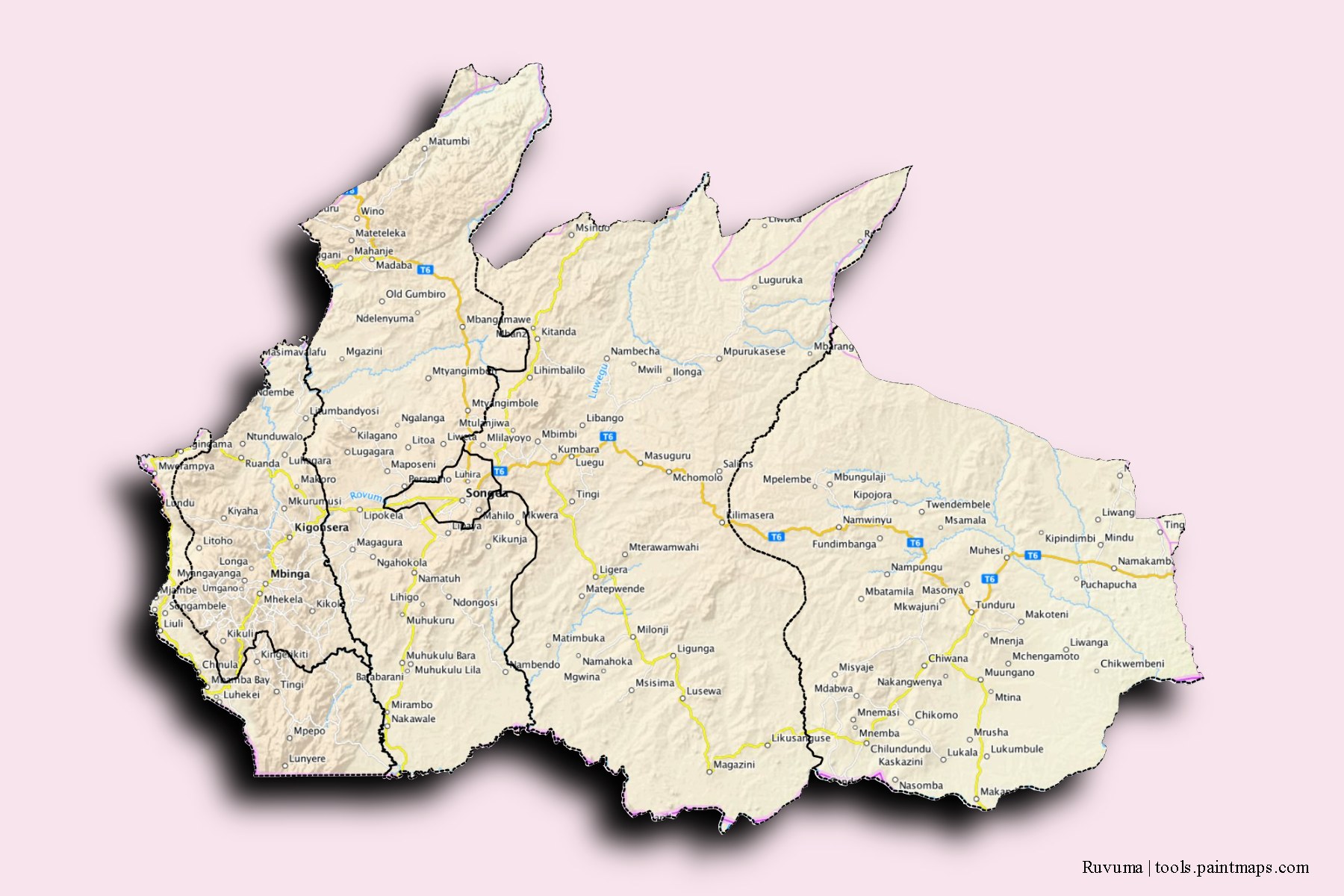 3D gölge efektli Ruvuma Region ve ilçeleri haritası