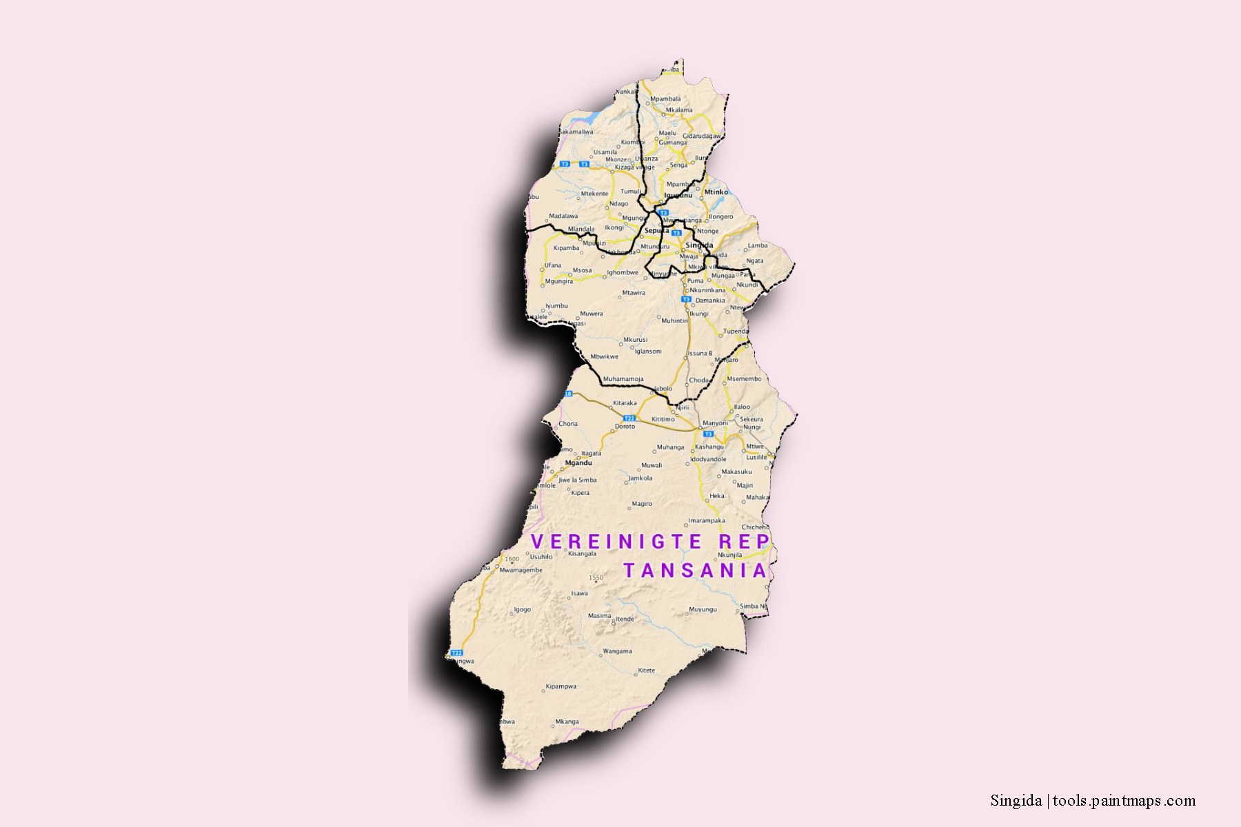 Singida and counties map with 3D shadow effect