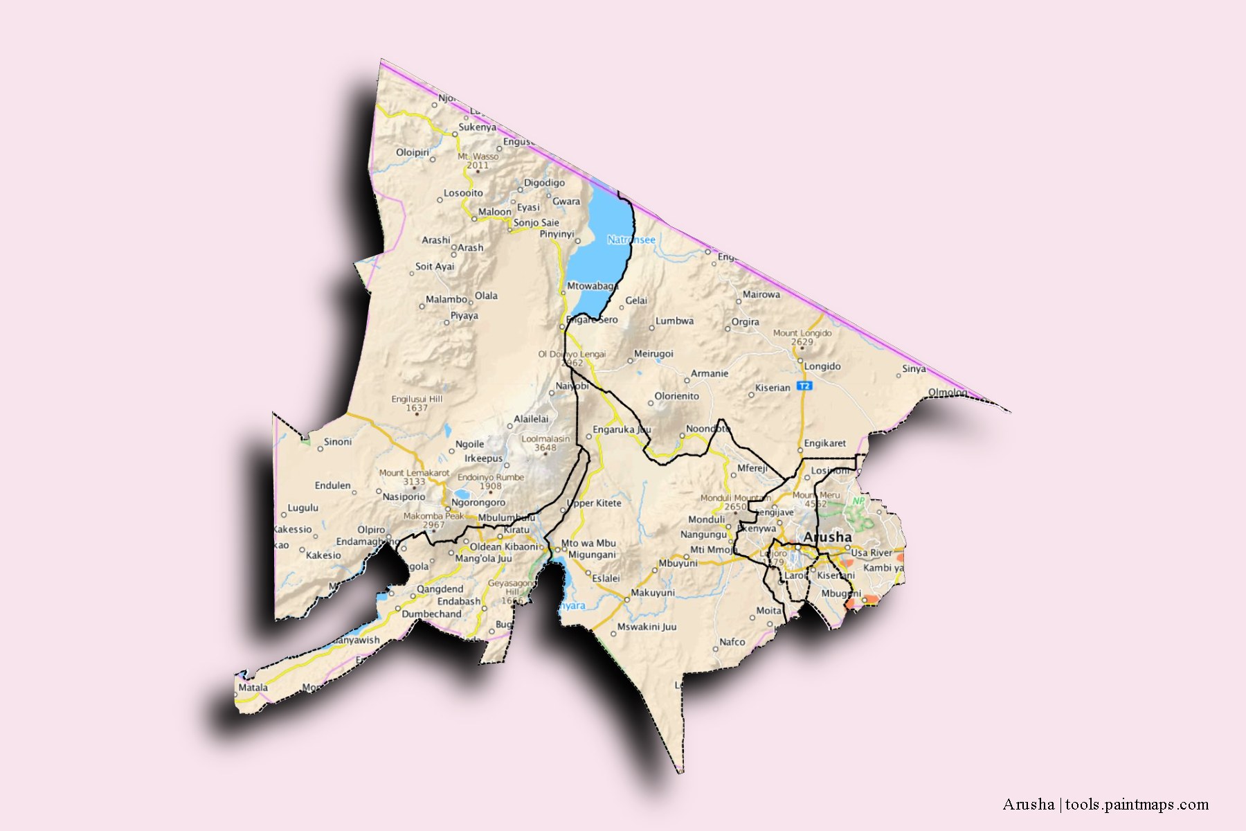 Arusha and counties map with 3D shadow effect