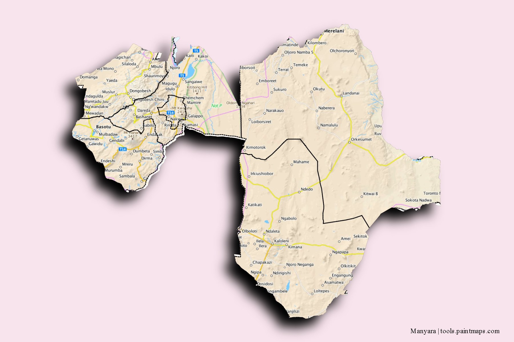 Manyara and counties map with 3D shadow effect