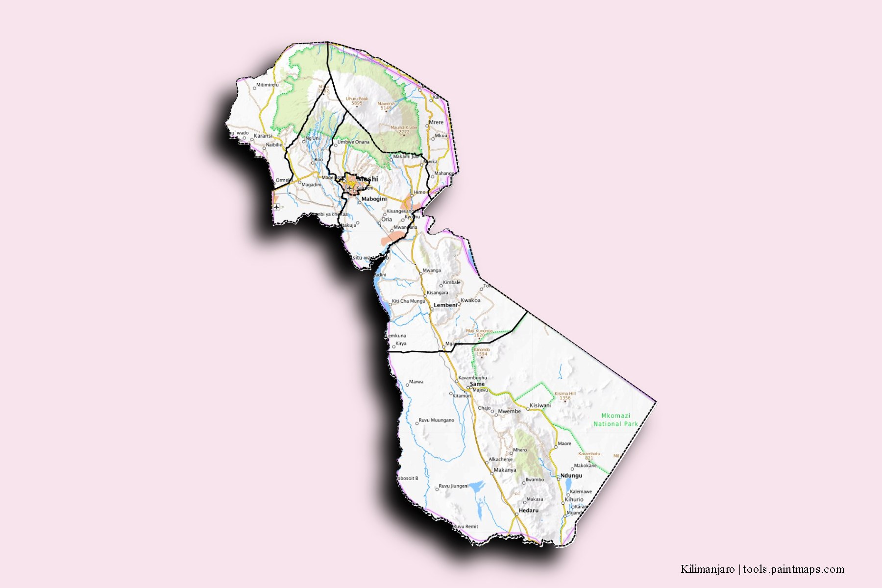 Kilimanjaro and counties map with 3D shadow effect