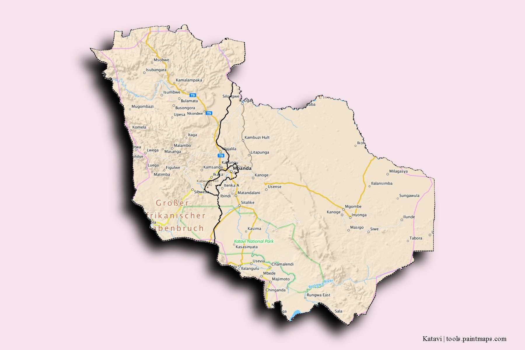 Rukwa and counties map with 3D shadow effect