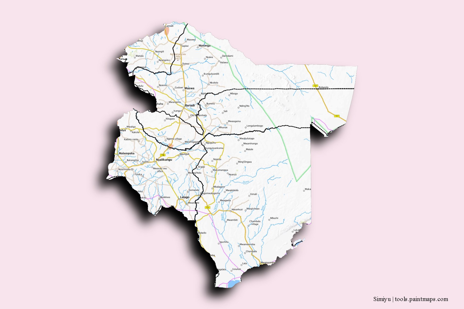 Shinyanga and counties map with 3D shadow effect