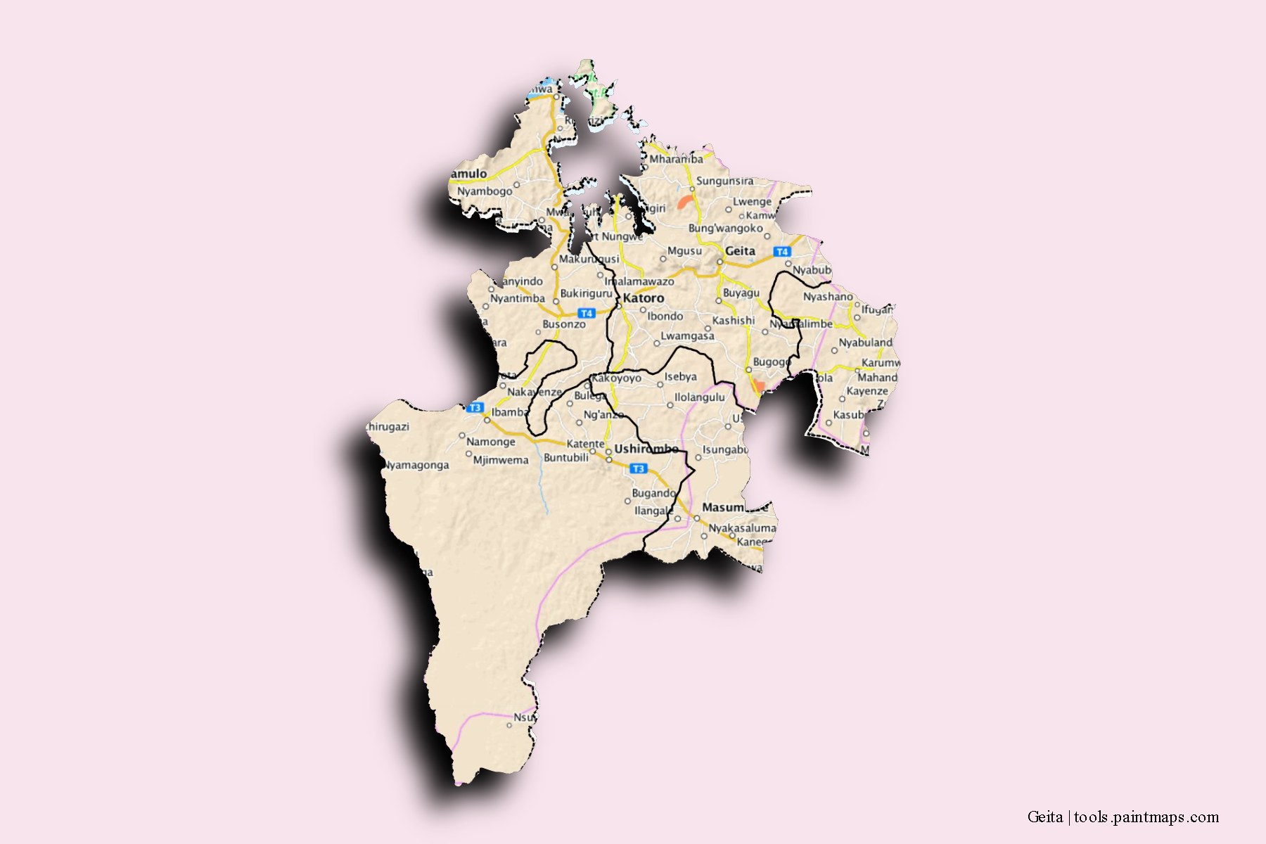 Mapa de Geita y sus distritos con efecto de sombra 3D