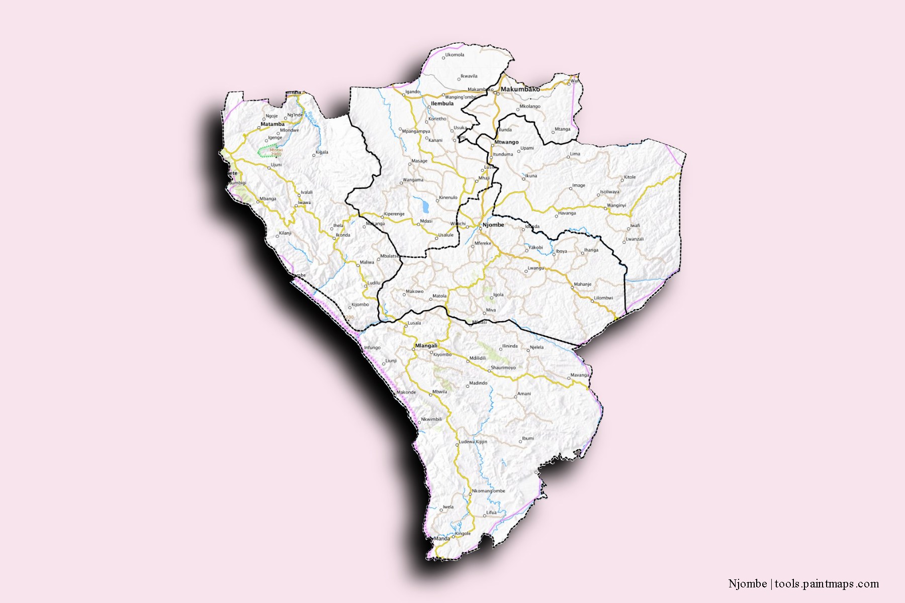 Njombe and counties map with 3D shadow effect