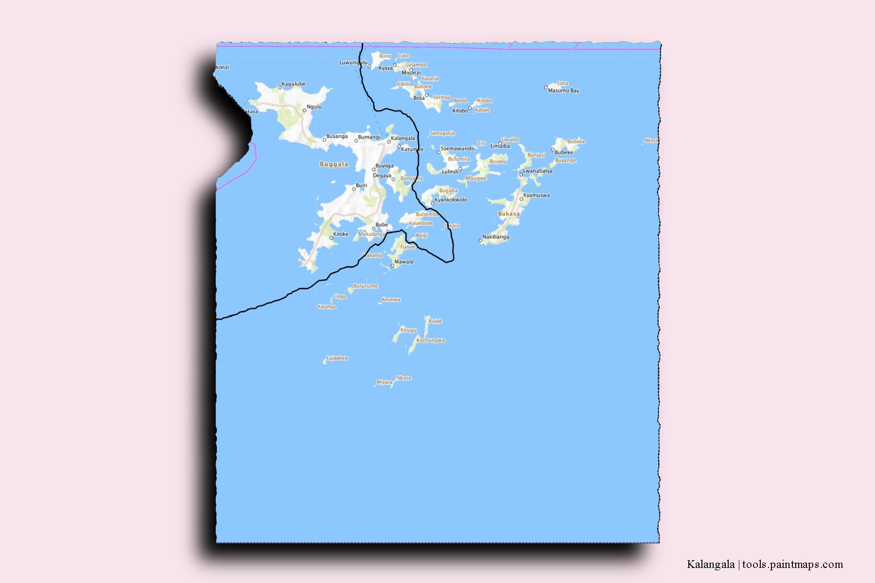 Kalangala and counties map with 3D shadow effect