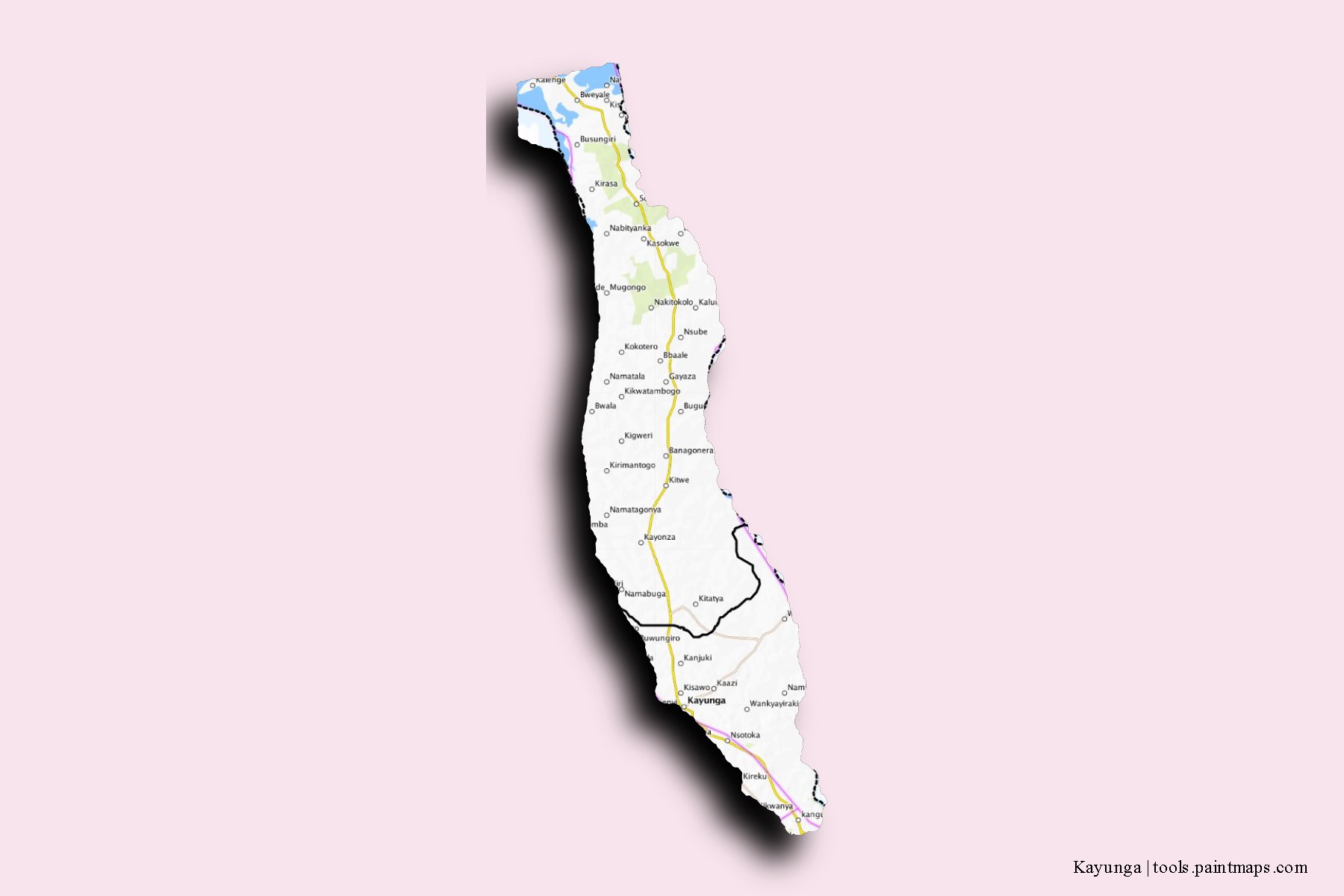 3D gölge efektli Kayunga District ve ilçeleri haritası