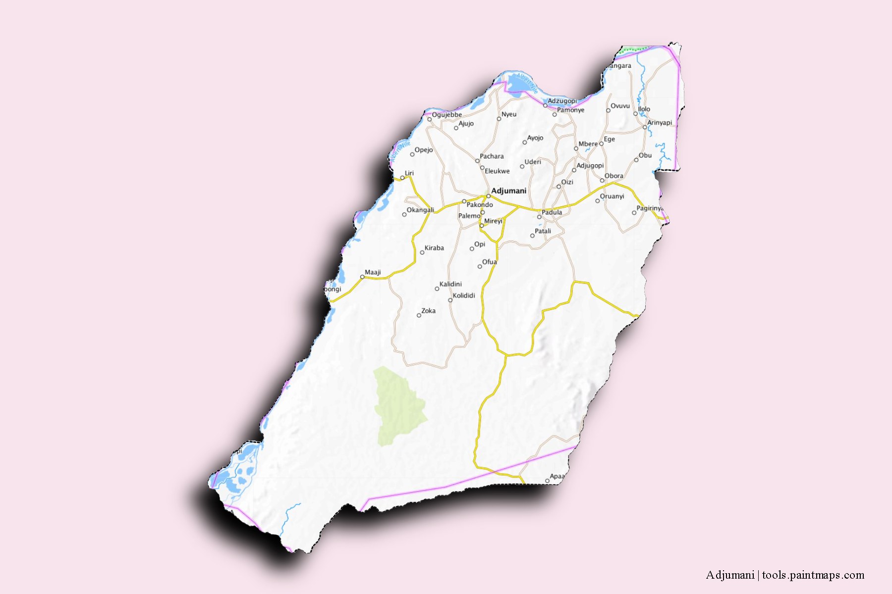 Mapa de Adjumani y sus distritos con efecto de sombra 3D