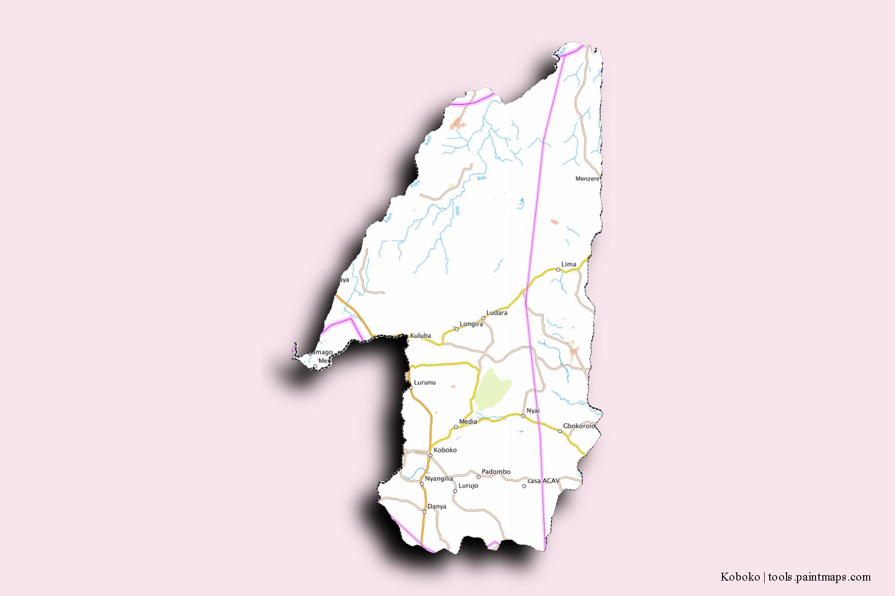 3D gölge efektli Koboko District ve ilçeleri haritası