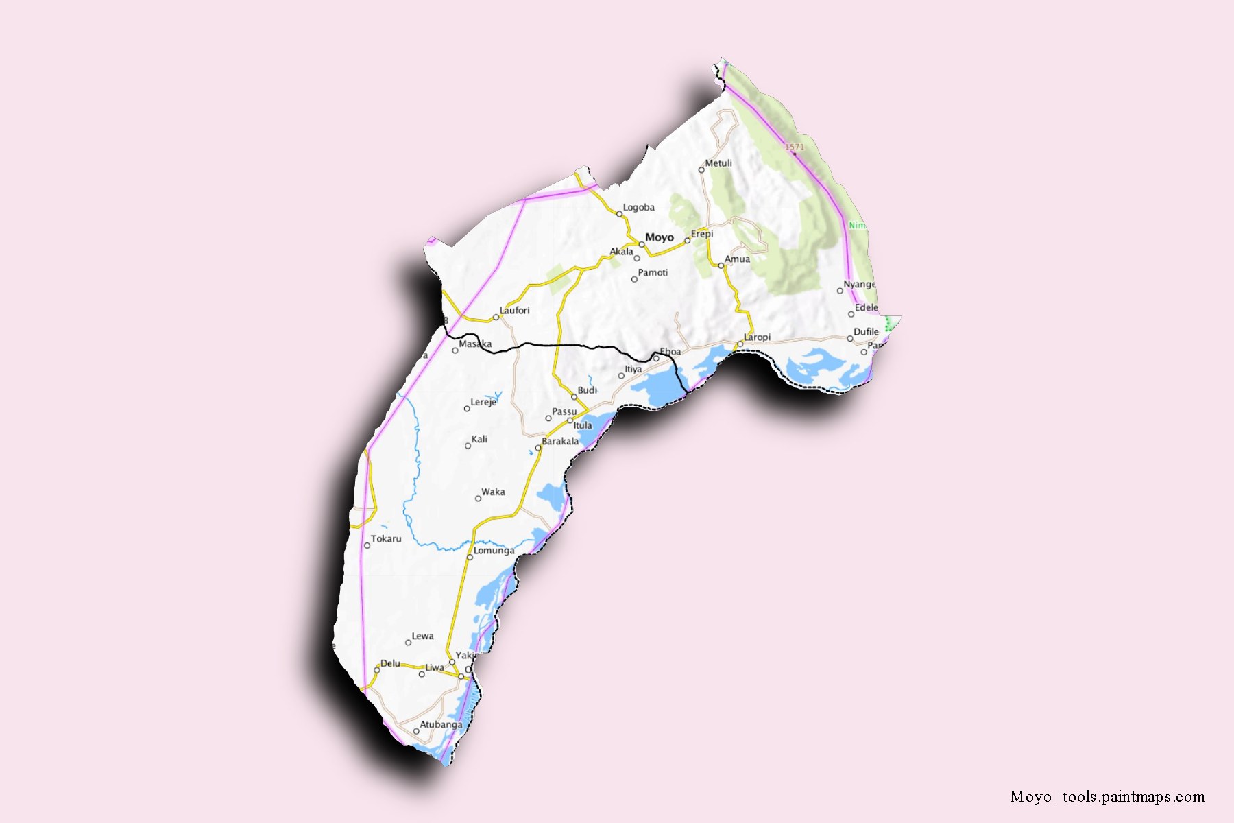 Moyo and counties map with 3D shadow effect