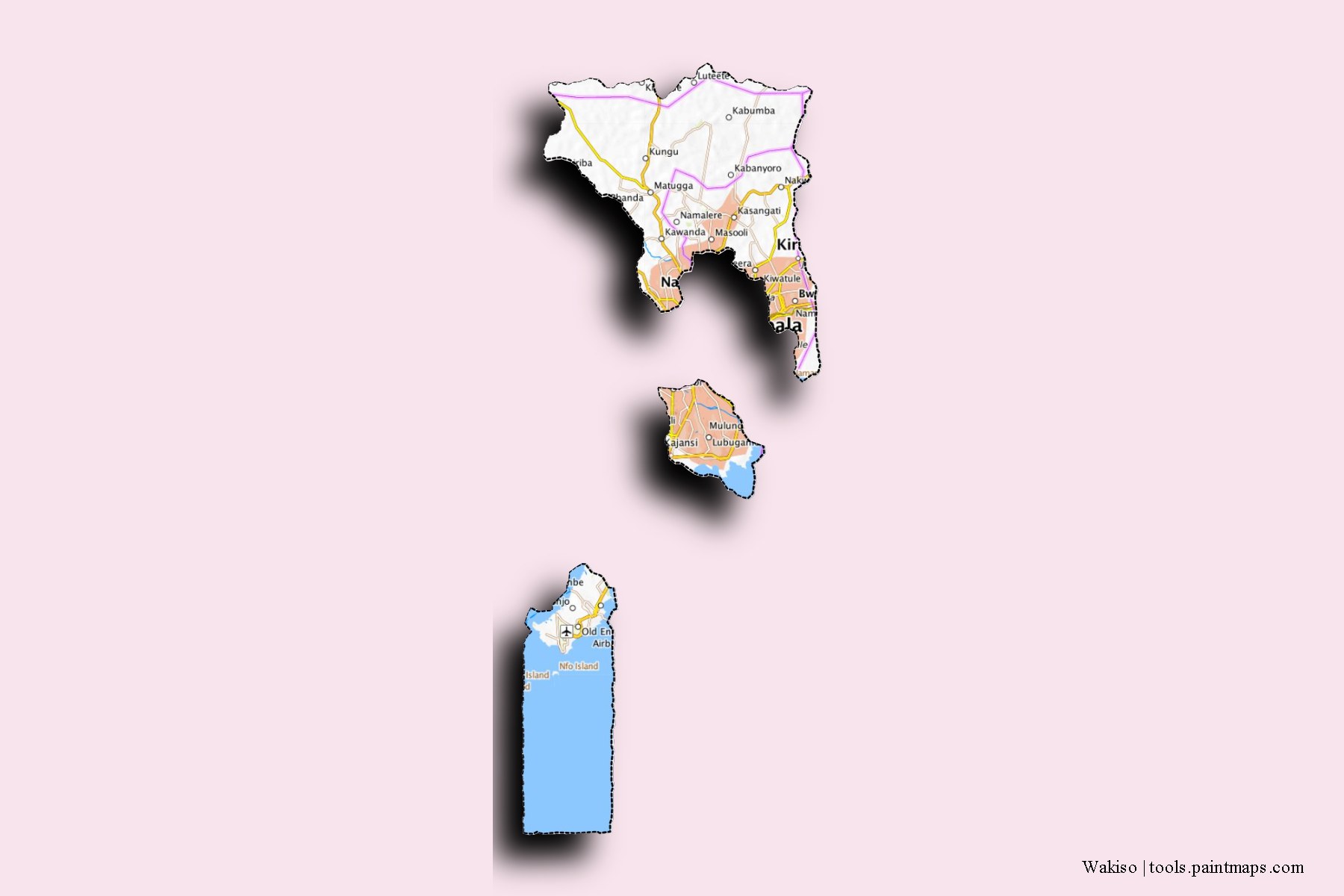 Wakiso and counties map with 3D shadow effect