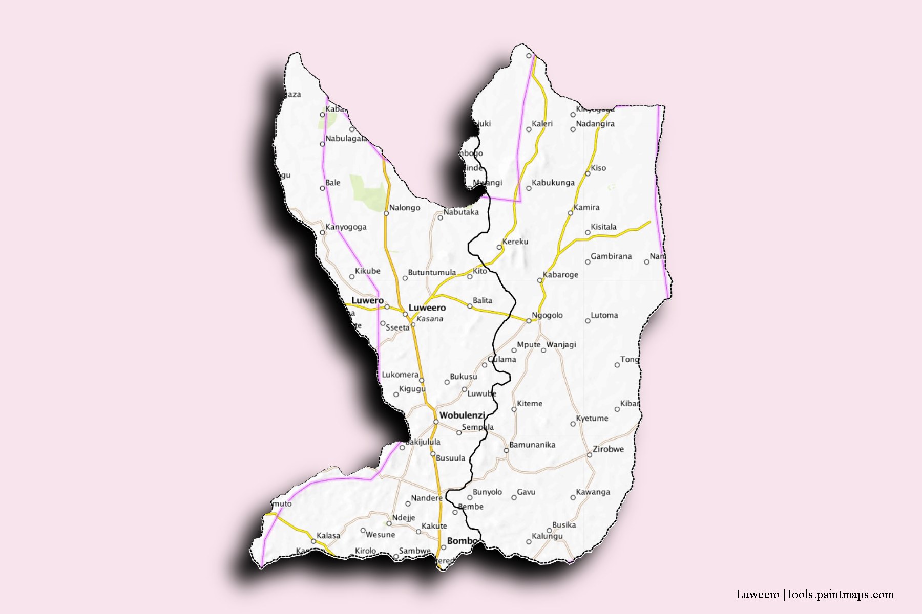 3D gölge efektli Luwero District ve ilçeleri haritası