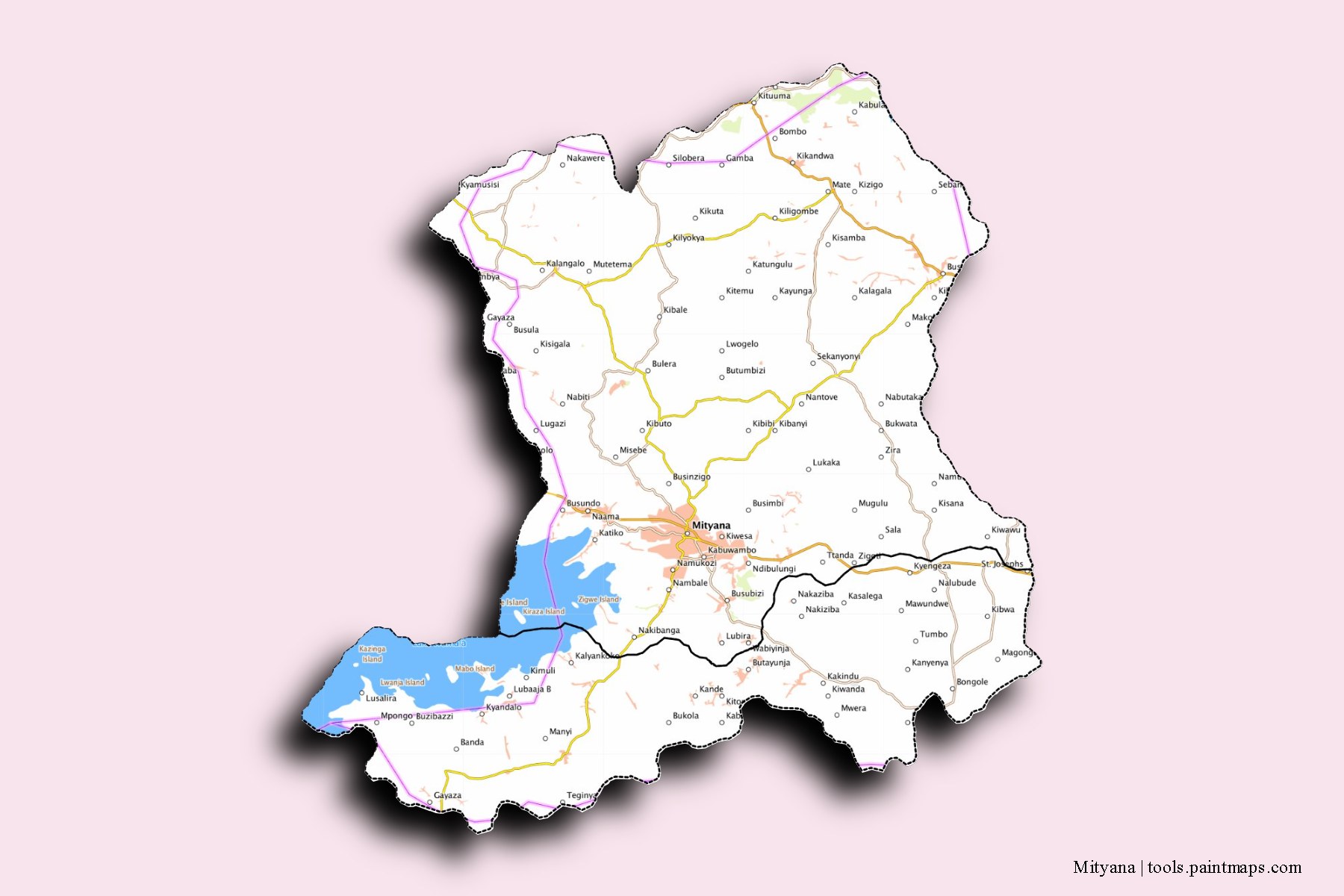 3D gölge efektli Mityana District ve ilçeleri haritası