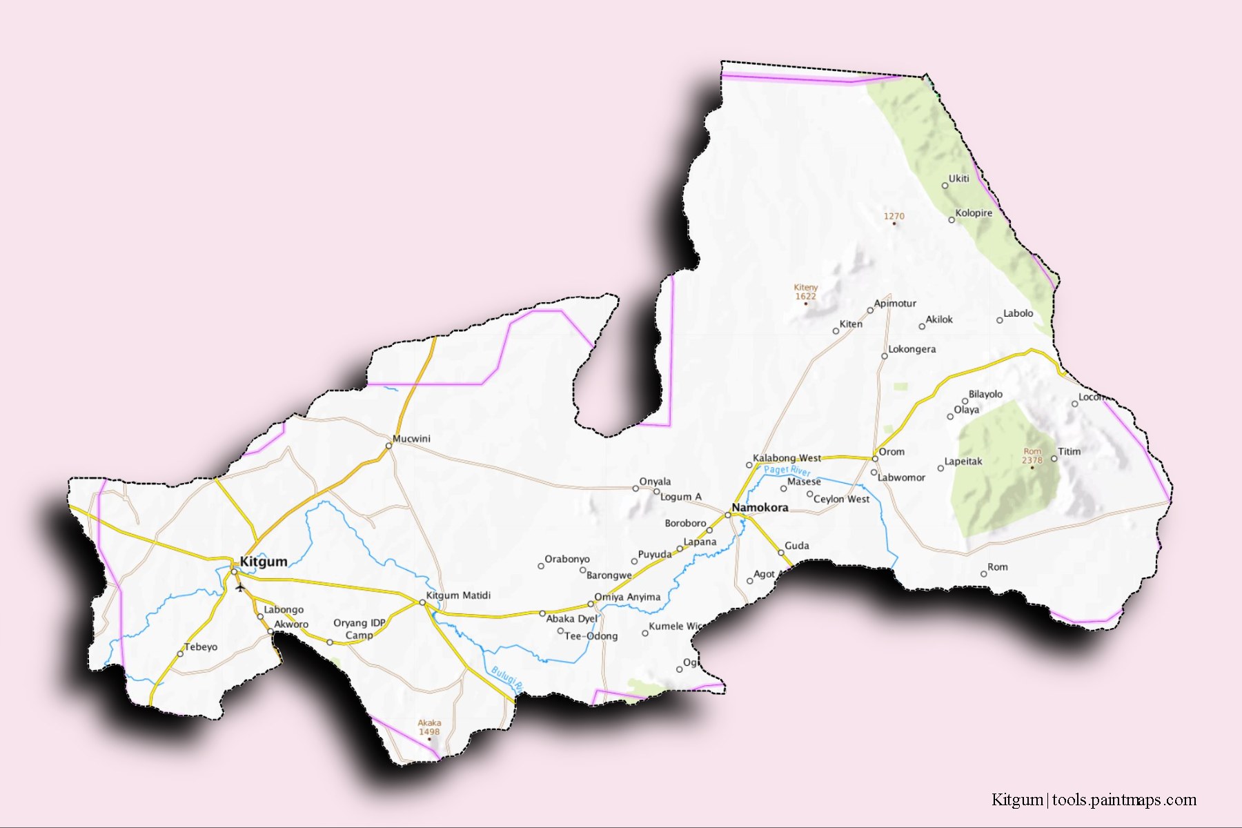 3D gölge efektli Kitgum District ve ilçeleri haritası