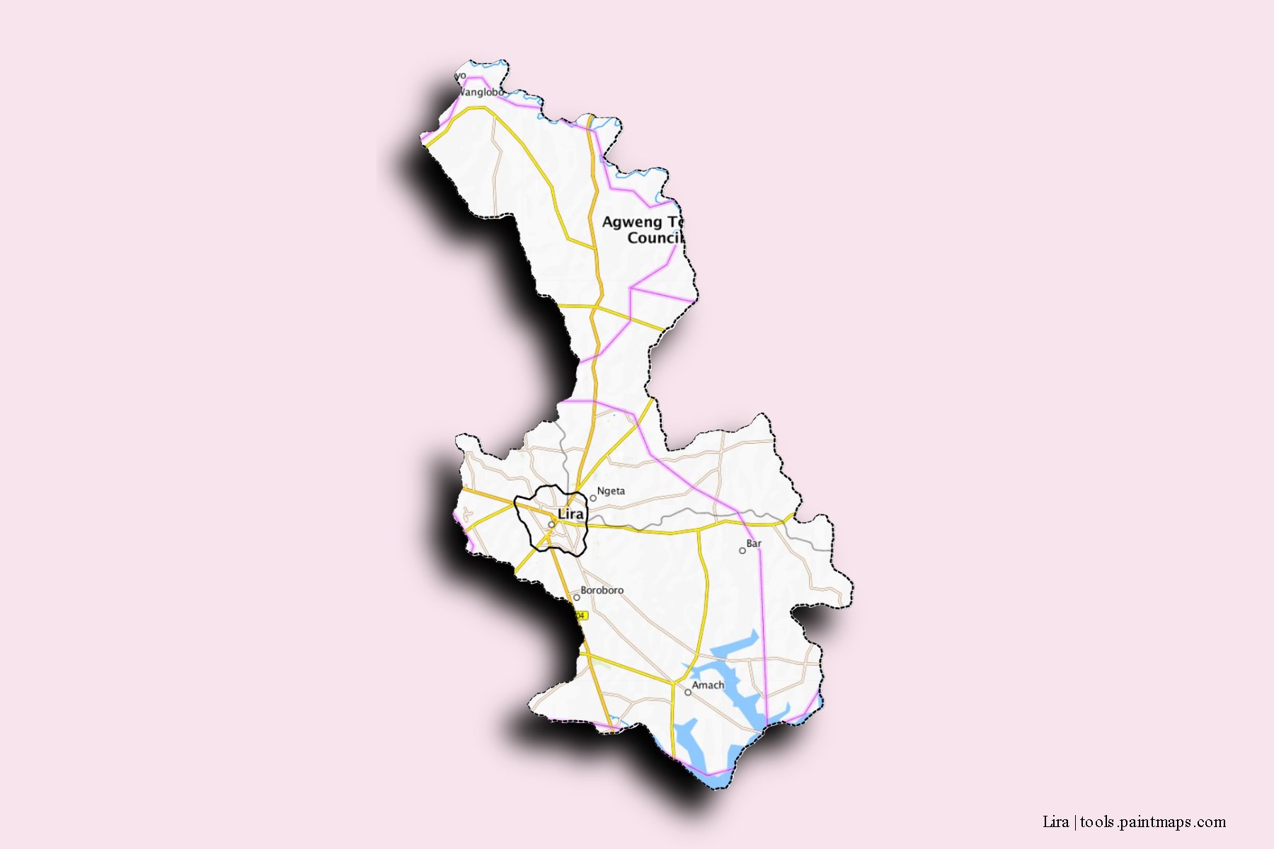 Lira and counties map with 3D shadow effect