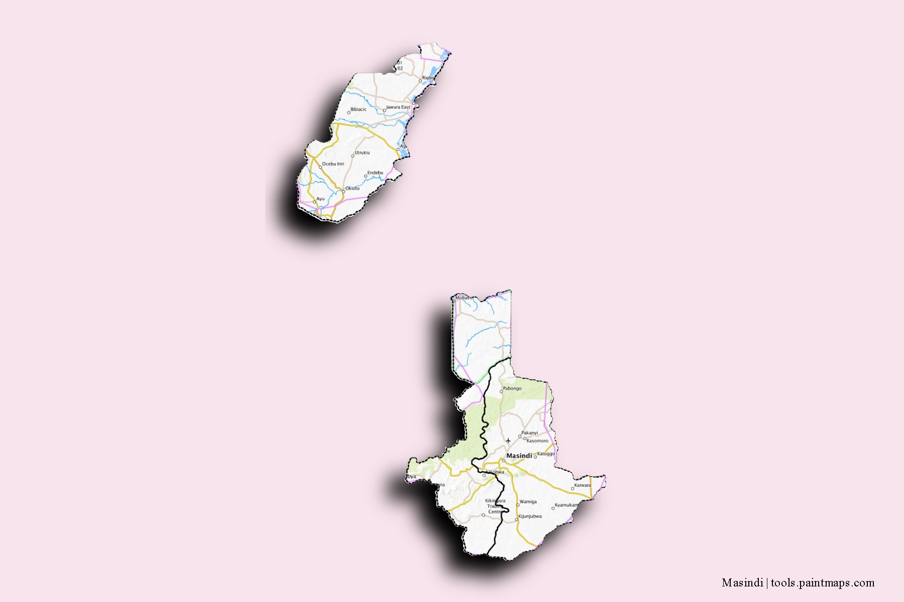 Mapa de Masindi y sus distritos con efecto de sombra 3D