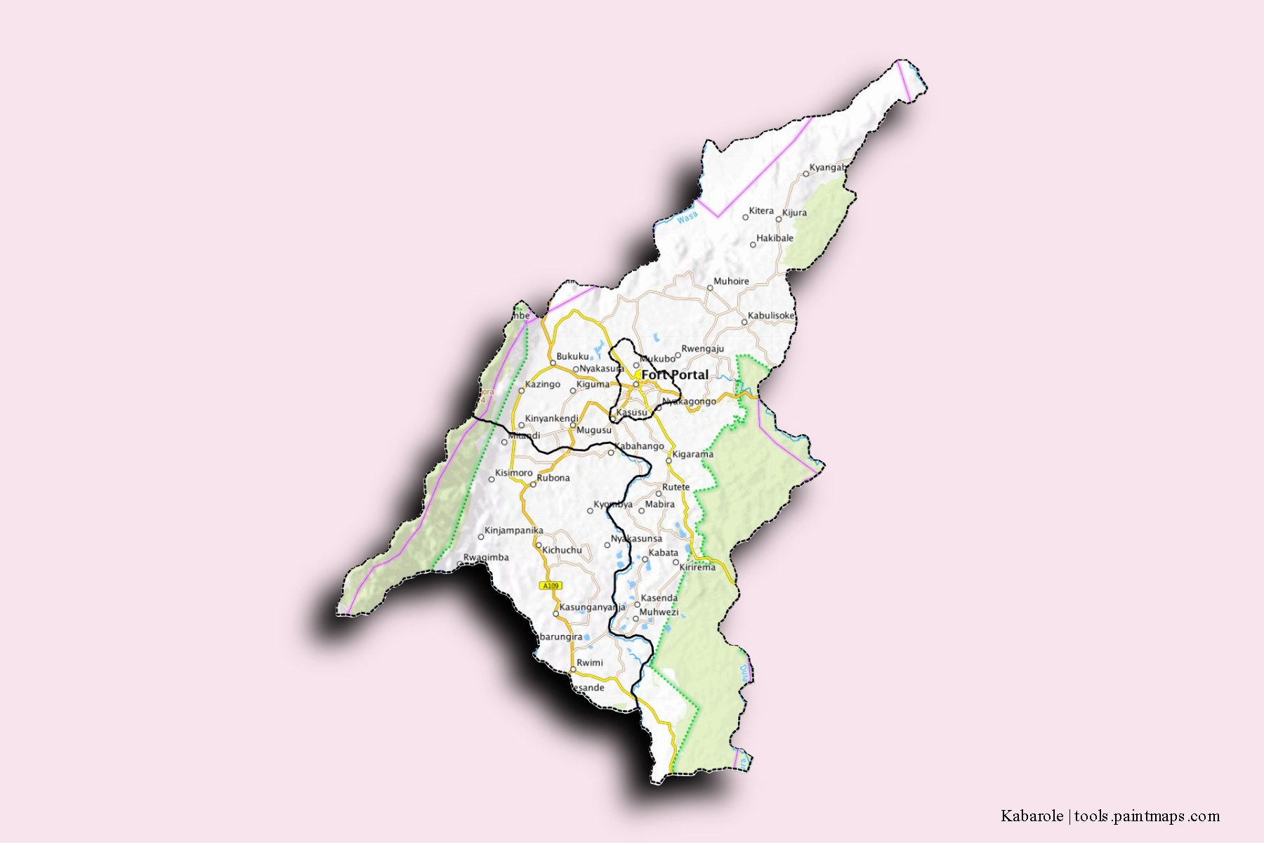 Mapa de Kabarole y sus distritos con efecto de sombra 3D