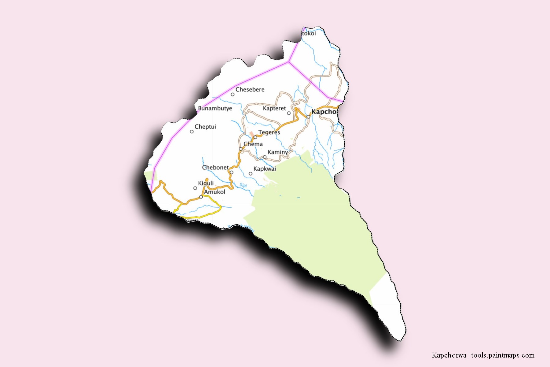 3D gölge efektli Kapshorwa District ve ilçeleri haritası