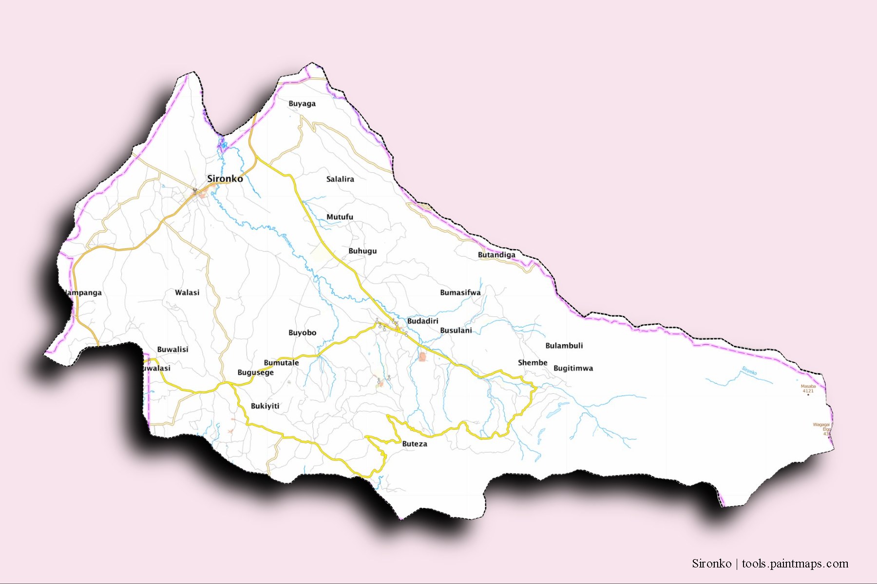 3D gölge efektli Sironko District ve ilçeleri haritası