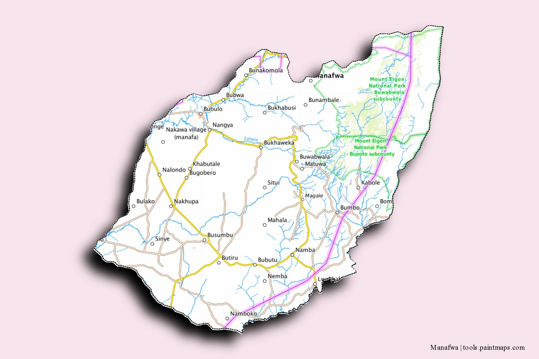 3D gölge efektli Manafwa ve ilçeleri haritası