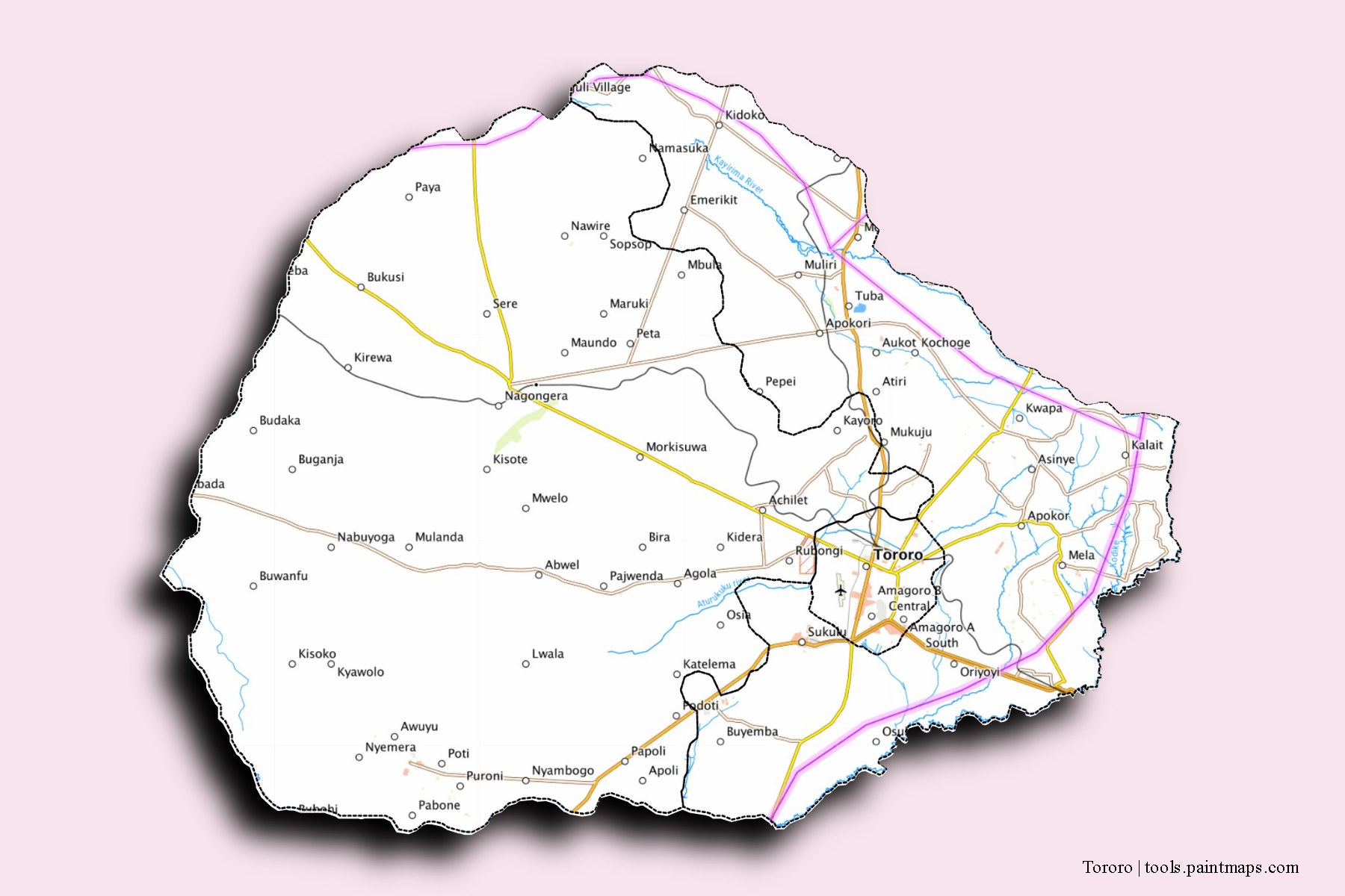 Tororo and counties map with 3D shadow effect