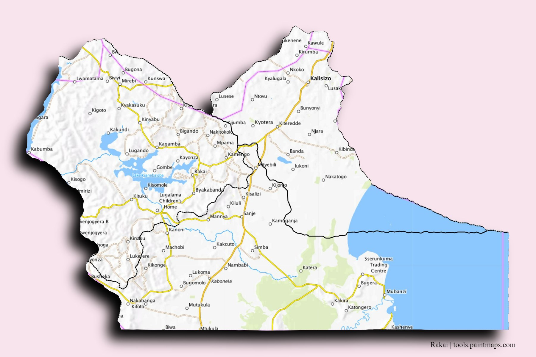 Rakai and counties map with 3D shadow effect